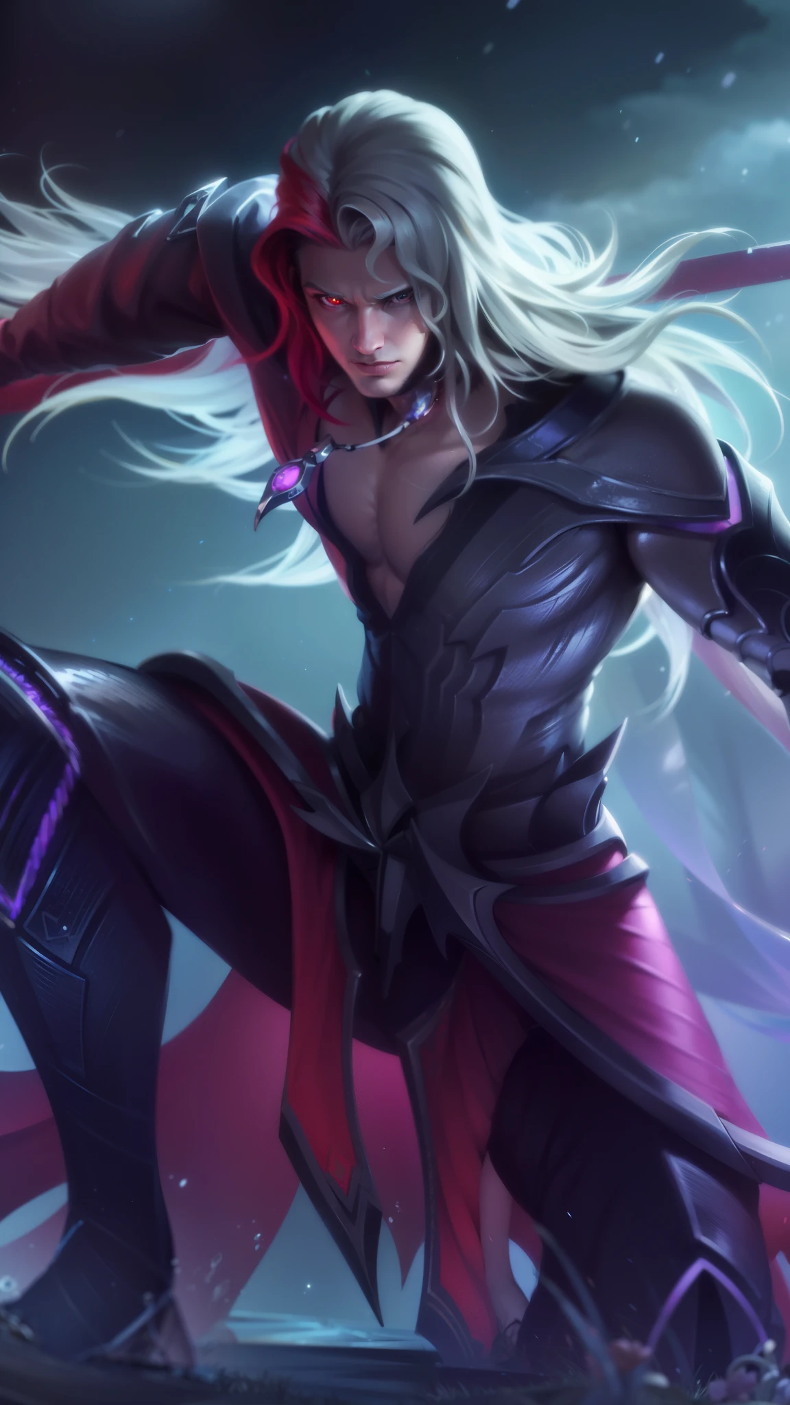 masculine male, masterpiece, ((perfect eyes)) best quality, (semirealism:1.9), beautiful lighting, (extremely detailed CG unity 4k fhd wallpaper), High Detail, Sharp focus, dramatic outdoors, 1 boy ,30 years old, white long hair, strong red eye glow (red eye:1.2).
