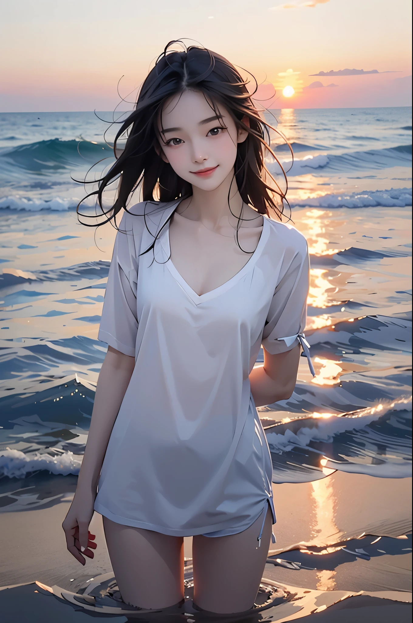 (masterpiece), (best quality), 1girl, sexy, perfect body, in the water, beach, smile, twilight, sunset, Korean idol