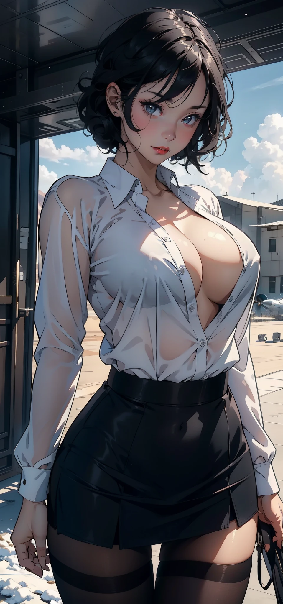 1female，35yo，plumw，extremely large ， 独奏，（Background with：A desert，aerodrome，Planes） She has very short black hair，bobo head，Stand on the plane，，seen from the front， curlies， mostly cloudy sky，（（（tmasterpiece），（Very detailed CG unity 8K wallpaper），best qualtiy，cinmatic lighting，detailed back ground，beatiful detailed eyes，Bright pupils，Black eyes，Snow-white skin，Redlip（Very fine and beautiful），（Beautiful and detailed eye description），ultra - detailed，tmasterpiece，）），facing at camera，A high resolution，ultra - detailed），revealing ， ，  Bulge，legs are open，Raised ，Camel toes，Flushed complexion，Desire for dissatisfaction，frontage，secretary（Wearing：black suit jacket，White transparent shirt，tiese，black short skirt，Black pantyhose， ）