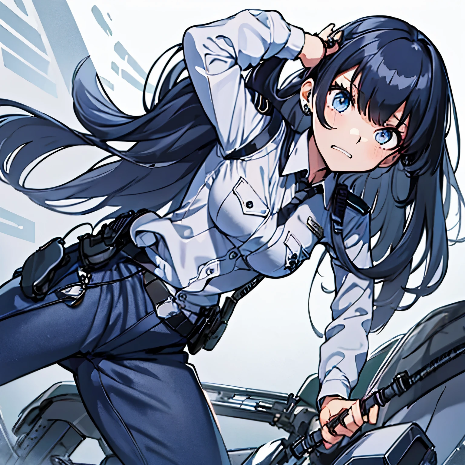 【Highest Quality, masutepiece】 [1 girl,expressioness, Female Police Officer ,Jet black head of hair, beautifull detailed face, Very blue eyes, large full breasts, Long hair fluttering in the wind, jet-black hair, Serious look, Upper body] (Gray white background:1.2),
