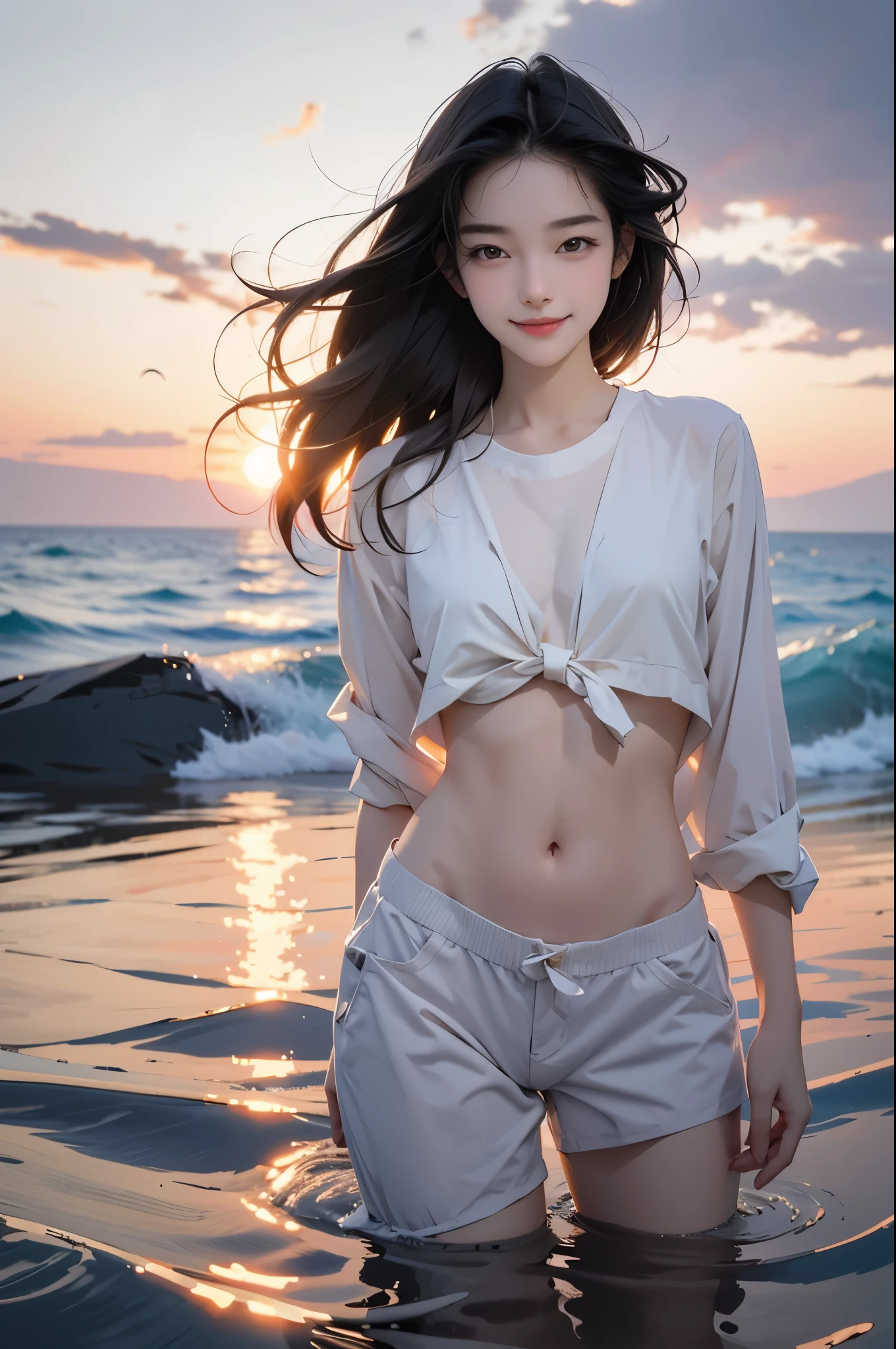 Beautiful high school student wearing white shirt tracksuit on beach by the sea，Super high value，perfect body figure，Ultra-short hair with delicate strands，Fair face and skin，Hanging water droplets，Happy playing on the beach，Large breasts，Chest hyperexcion，Bold nudity，detailed finger，Detailed white tender calves and toes，The sea is crystal clear