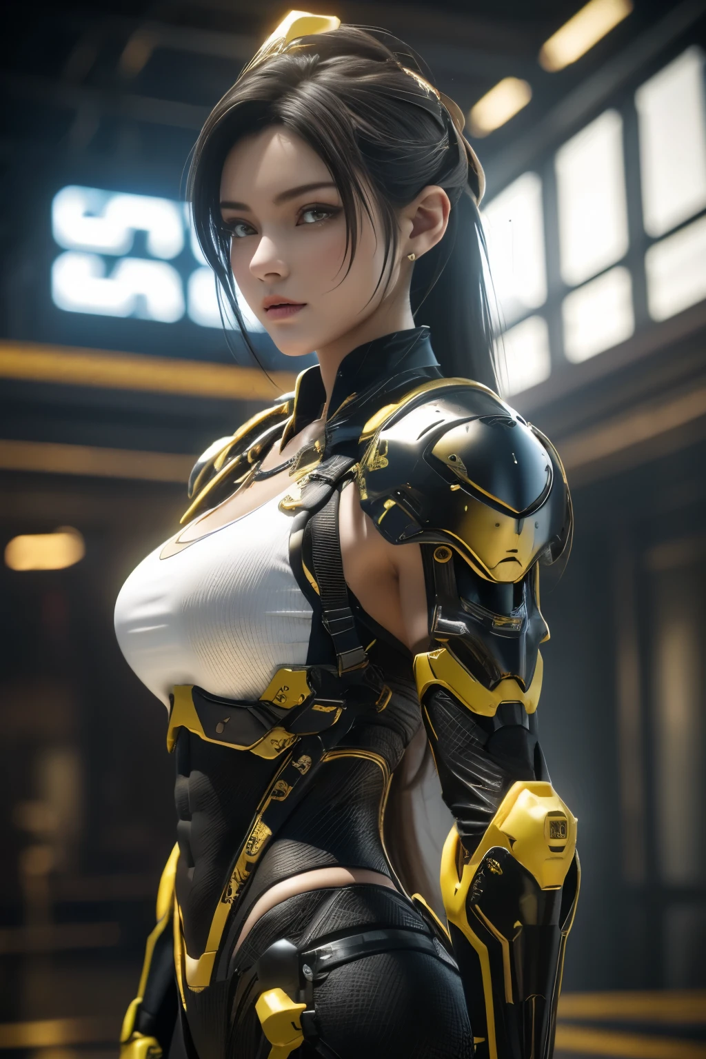 Game art，The best picture quality，Highest resolution，8K，(A bust photograph)，(Portrait)，(Head close-up)，(Rule of thirds)，Unreal Engine 5 rendering works， (The Girl of the Future)，(Female Warrior)， 22岁少女，(Female hackers)，(White，Ancient Oriental hairstyle)，((The pupils of the red eyes:1.3))，(A beautiful eye full of detail)，(Big breasts)，(Eye shadow)，优雅迷人，冷漠，((Anger))，(Cyberpunk jacket full of futuristic look，Joint Armor，There are exquisite Chinese patterns on the clothes，A flash of jewellery)，赛博朋克人物，未来风格， 拍照姿势，城市背景，Movie lights，Ray tracing，Game CG，((3D Unreal Engine))，oc渲染反射纹