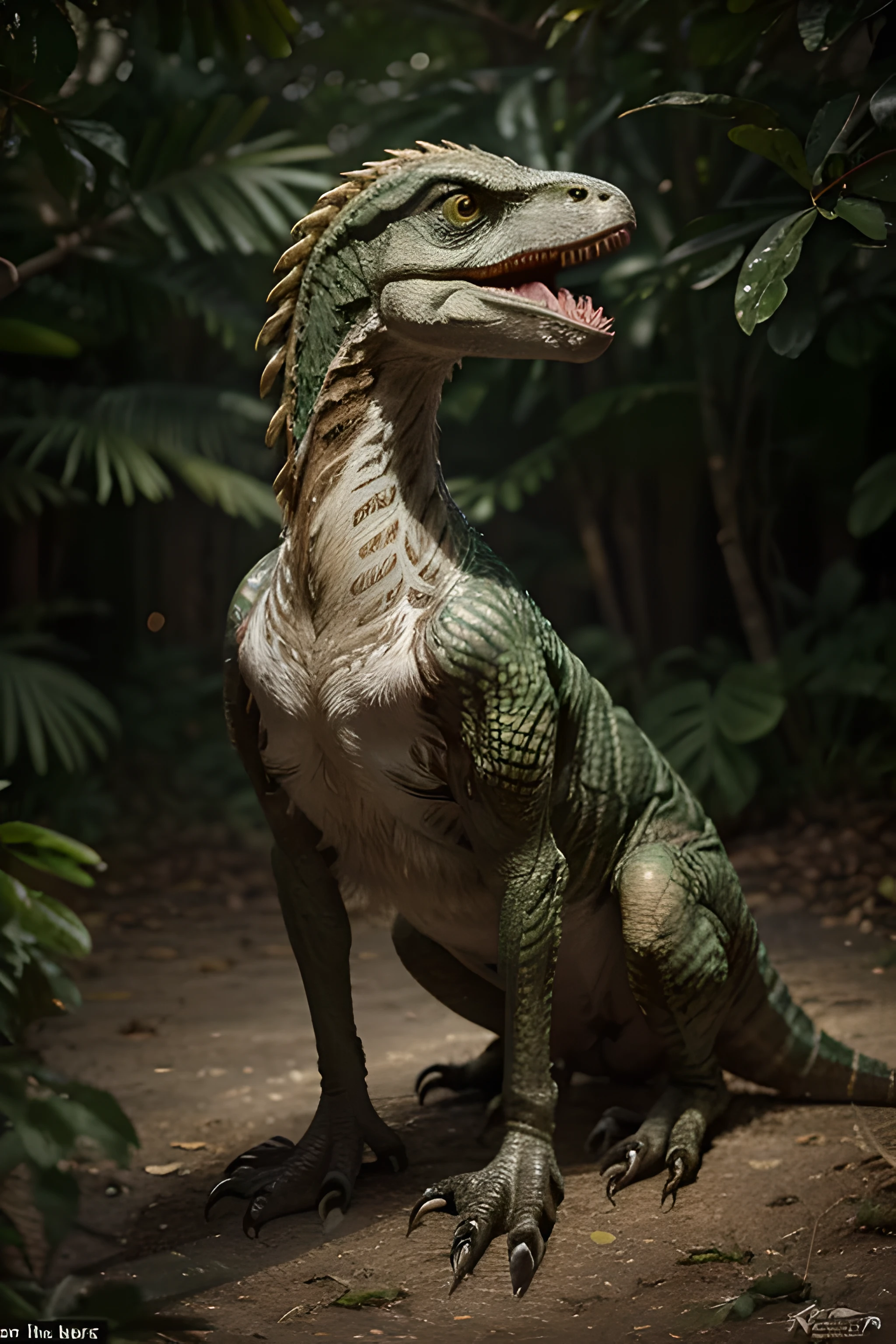 an agile and hungry velociraptor, com cada pena em sua pele minuciosamente detalhada, variando em comprimento e tonalidade para criar uma textura exuberante. Algumas penas apresentam leves nuances de cor, como um toque de ouro ou verde oliva, adicionando um elemento sutil, but vivid to its appearance.
Velociraptor eyes are narrow and intense, with the iris having a greenish-yellow glow that indicates its predatory cunning. A faint scale pattern around the eyes highlights the delicate transition between feathers and scaly skin.
A boca entreaberta revela dentes extremamente detalhados, cada um com bordas serrilhadas e algumas pequenas irregularidades, suggesting a varied diet and frequent challenges. Saliva droplets accumulate in the corners of the mouth, adding a touch of dynamic realism.
Dinosaur posture is a work of biomechanical art, highlighting powerful muscles under the skin and feathers. Each scale on the leg is distinct, com detalhes minuciosos que descrevem a adaptabilidade desta criatura a uma vida em constante movimento.
As the velociraptor moves through the fog, the sound of its claws touching the ground is precise and rhythmic, ecoando pela paisagem. Each step is accompanied by a subtle disturbance of the fog, creating a dynamic and immersive atmosphere.