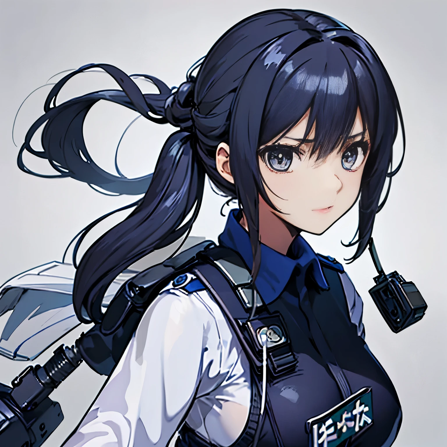【Highest Quality, masutepiece】 [1 girl,expressioness, Female Police Officer ,Jet black head of hair, beautifull detailed face, Very blue eyes, large full breasts, Long hair fluttering in the wind, jet-black hair, Serious look, Upper body] (Gray white background:1.2),