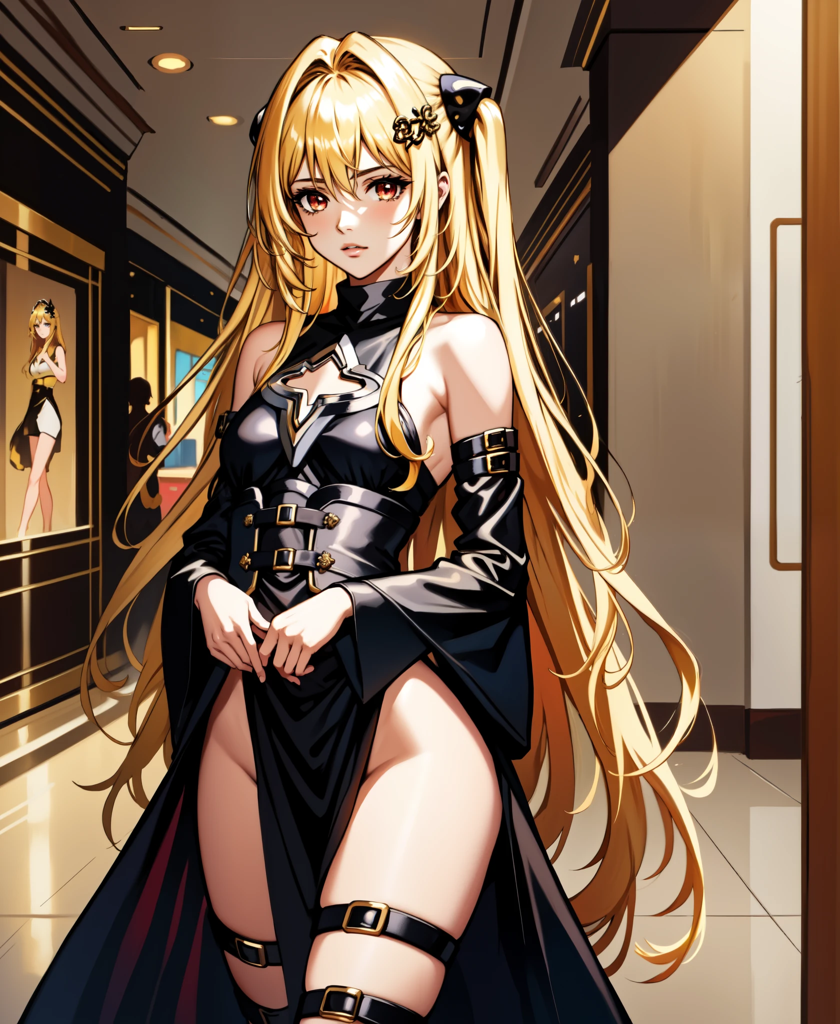 (masterpiece, best quality),  intricate details,
1girl,   golden_darkness, long hair, very long hair, two side up, hair ornament, medium breasts, hair intakes, hair between eyes, golden_darkness, long hair, very long hair, two side up, looking at viewer, thigh strap, hair ornament, detached sleeves, hair intakes, bare shoulders, medium breasts, hair between eyes, dress, 
small breasts,  indoors, mall, shoping mall, ,, 