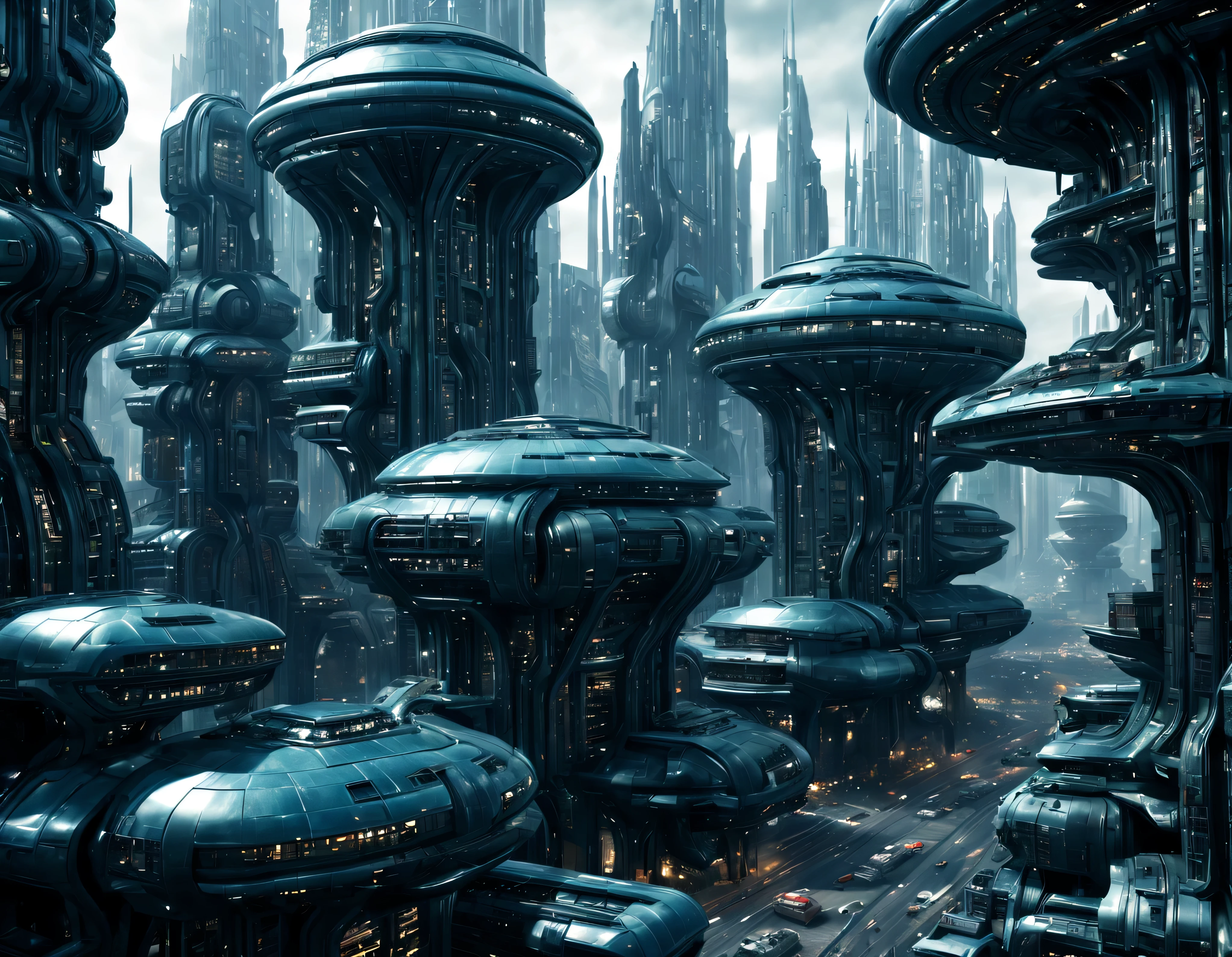 street of an extraterrestrial alien city with futuristic and technological architecture in its metal and glass conglomerado de buildings, some aliens walking around, ventanas iluminadas, all full of imagination, science fiction and (intrincados detalles de la maquina).imagen fotorrealista, Maximum sharpness, calidad 8k.(obra maestra de calidad superior). 3D.