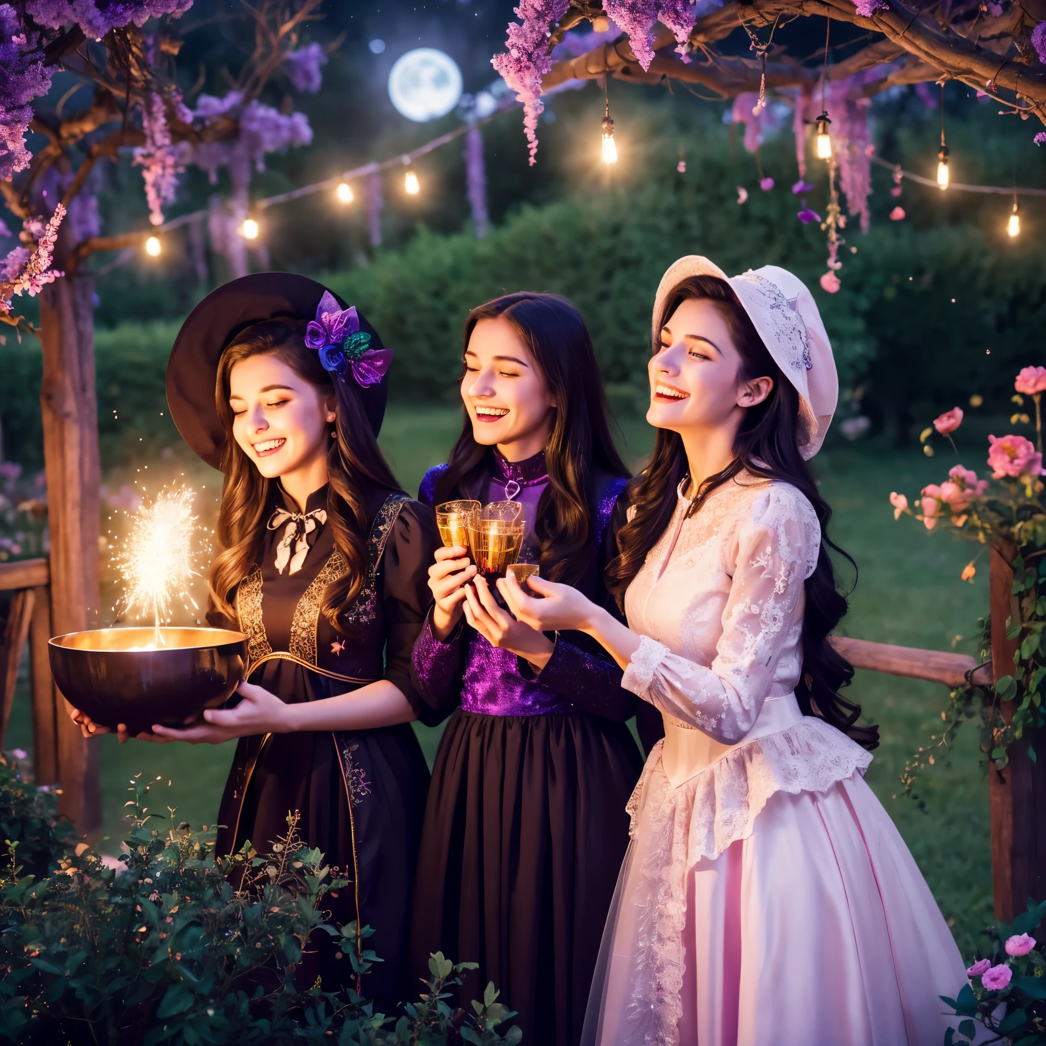 (best quality,4k,8k,highres,masterpiece:1.2),ultra-detailed,(realistic,photorealistic,photo-realistic:1.37), a boy joins a witch coven and he’s given the gift of femininity, he gets magically transformed into a cute teenage witch girl, sex change ritual, pink eyes, long black hair, is happy, stunning black Victorian dress, gorgeous dress design,flowing gown,elaborate lace details,rich textures,contrast stitching,delicate ribbon bows,floral accents,full skirt,high neckline,long sleeves,fitted waistline,flared cuffs,lace-up back,luxurious fabrics,flawless silhouette,high heels,pointy hat, magical transformation, detailed facial features, glowing and vibrant pink eyes, flowing and glossy long black hair, happy and excited expression, joyful and radiant vibe, surrounded by a mystical aura, spell books and potions in the background, an enchanting garden with colorful flowers, butterflies flying around, moonlit night with a full moon shining above, soft and ethereal lighting, a group of friendly witches welcoming the new girl into the coven, joyful celebration and magical rituals, feminine and elegant movements, a cauldron overflowing with sparkles and magical essence, black and purple hues dominating the color palette, whimsical and enchanting atmosphere, breathtaking and bewitching nature, a sense of empowerment and self-discovery.