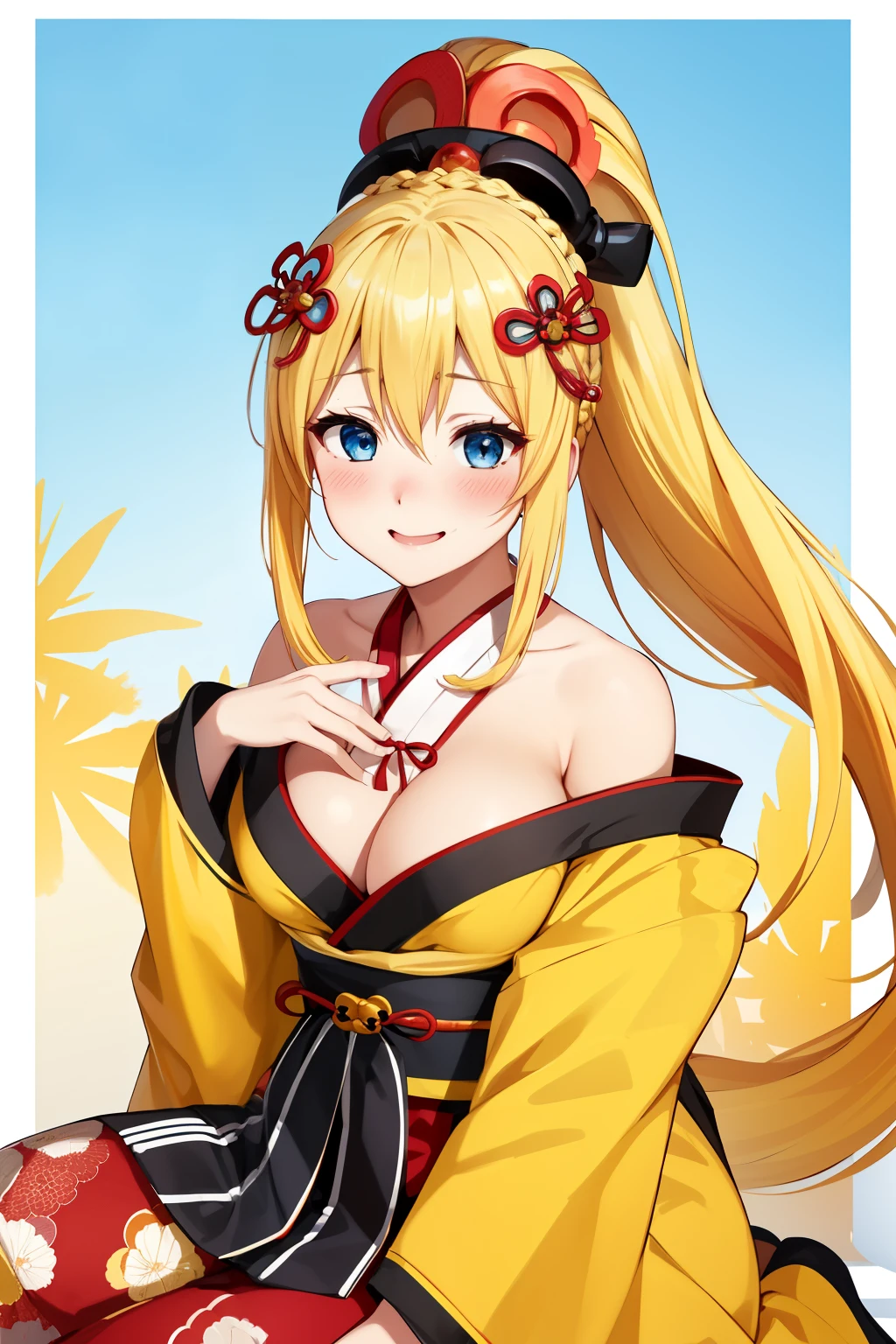 highest quality, High resolution, solo, 1 girl, long hair, blonde hair, x hair ornaments, blue eyes, ponytail, hair ornaments, Braid, \(KonoSuba\), big breasts, extremely close face, smile, blush, (Oiran costume:1.3), Yellow suit, 花のhair ornaments, hairpin, off shoulder