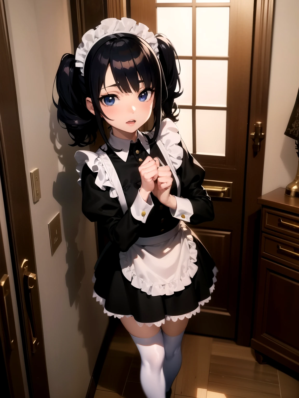 there is a woman in a maid outfit posing for a picture, anime girl in a maid costume, cosplay of a catboy! maid! dress, maid outfit, anime cat girl in a maid costume, gorgeous maid, anime girl cosplay, maid dress, wearing maid uniform, , anime girl wearing a black dress, anime maid nazi ss military, hyperrealistic 