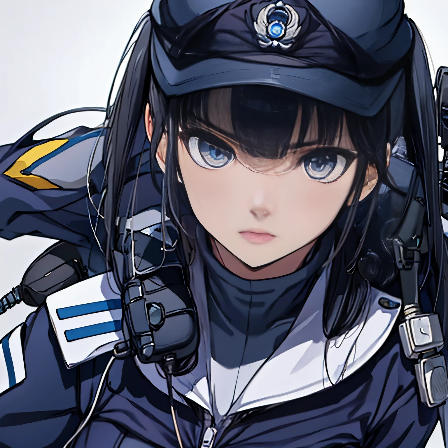 【Highest Quality, masutepiece】 [1 girl,expressioness, Female Police Officer ,Jet black head of hair, beautifull detailed face, Very blue eyes, large full breasts, jet-black hair, Serious look, Upper body] (Gray white background:1.2),