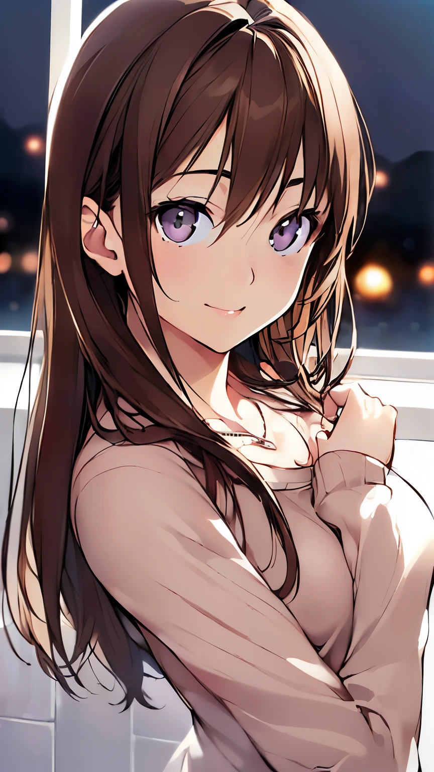 ((night、realistic light、highest quality、8K、masterpiece: 1.3))、1 girl、slim beauty: 1.4、(brown hair、medium breasts: 1.3)、Pink long sweater: 1.1、Bathroom、extra thin face、delicate eyes、 double eyelid、smile、necklace、brown eyes