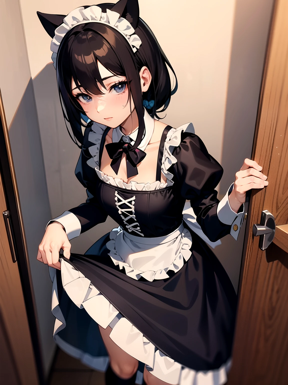 there is a woman in a maid outfit posing for a picture, anime girl in a maid costume, cosplay of a catboy! maid! dress, maid outfit, anime cat girl in a maid costume, gorgeous maid, anime girl cosplay, maid dress, wearing maid uniform, , anime girl wearing a black dress, anime maid nazi ss military, hyperrealistic
