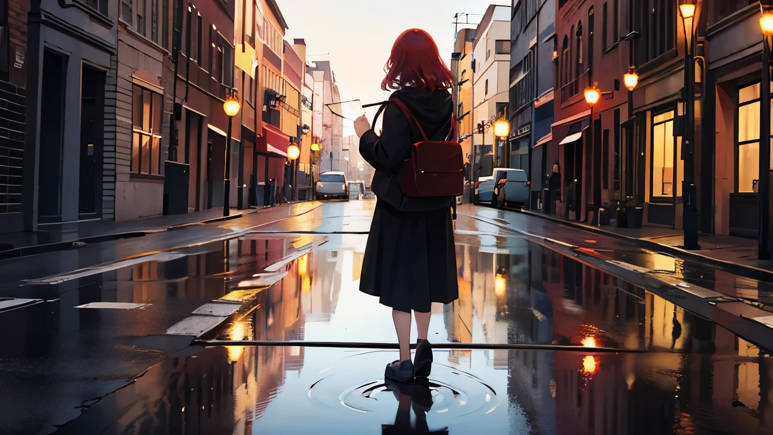 The shadow of a red-haired woman reflected in a puddle on the road　lots of city lights