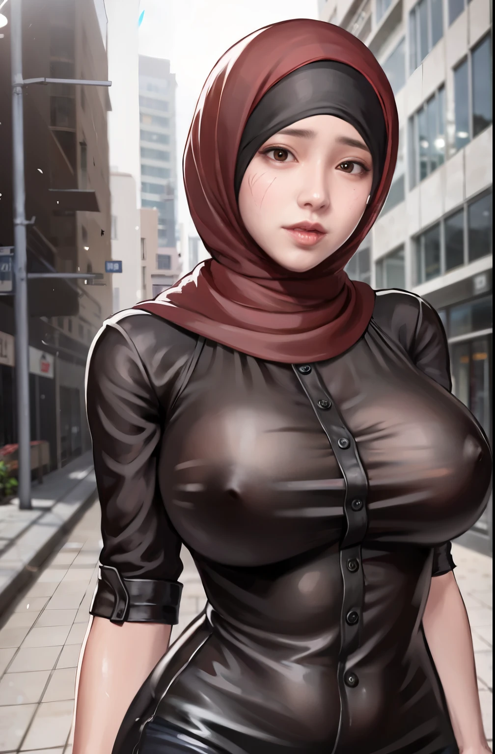 1 hijabgirl, holding_phone, solo, selfie, standing, brown_eyes, long_black_hijab, long shirt and pants, breasts, red_lips, showing_breast, (P cup), in city street,korean girl ,sexy body, hot, body wet , gently smiling