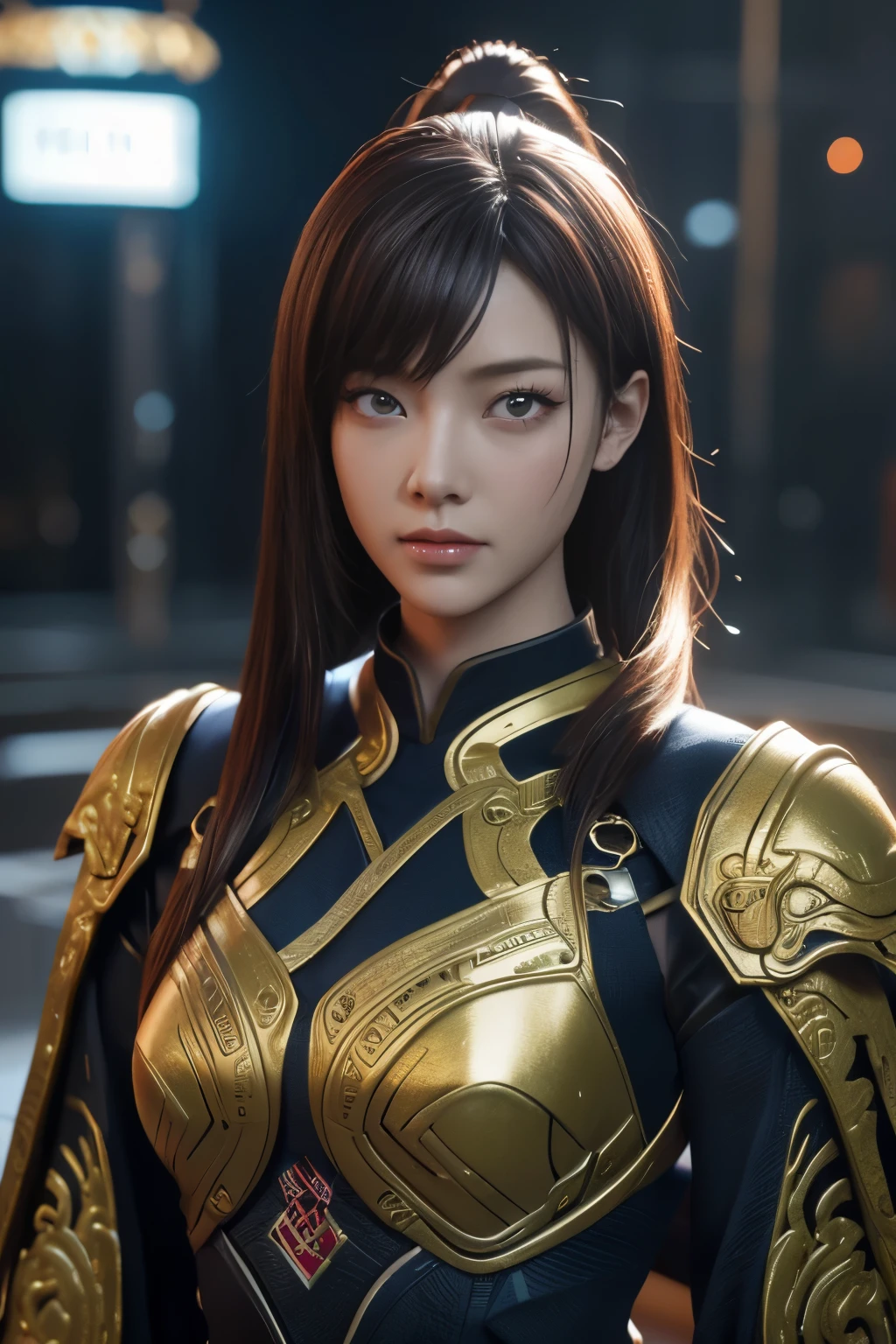 Game art，The best picture quality，Highest resolution，8K，(A bust photograph)，(Portrait)，(Head close-up)，(Rule of thirds)，Unreal Engine 5 rendering works， (The Girl of the Future)，(Female Warrior)， 22岁少女，(Female hackers)，(White，Ancient Oriental hairstyle)，((The pupils of the red eyes:1.3))，(A beautiful eye full of detail)，(Big breasts)，(Eye shadow)，优雅迷人，冷漠，((Anger))，(Cyberpunk jacket full of futuristic look，Joint Armor，There are exquisite Chinese patterns on the clothes，A flash of jewellery)，赛博朋克人物，未来风格， 拍照姿势，城市背景，Movie lights，Ray tracing，Game CG，((3D Unreal Engine))，oc渲染反射纹