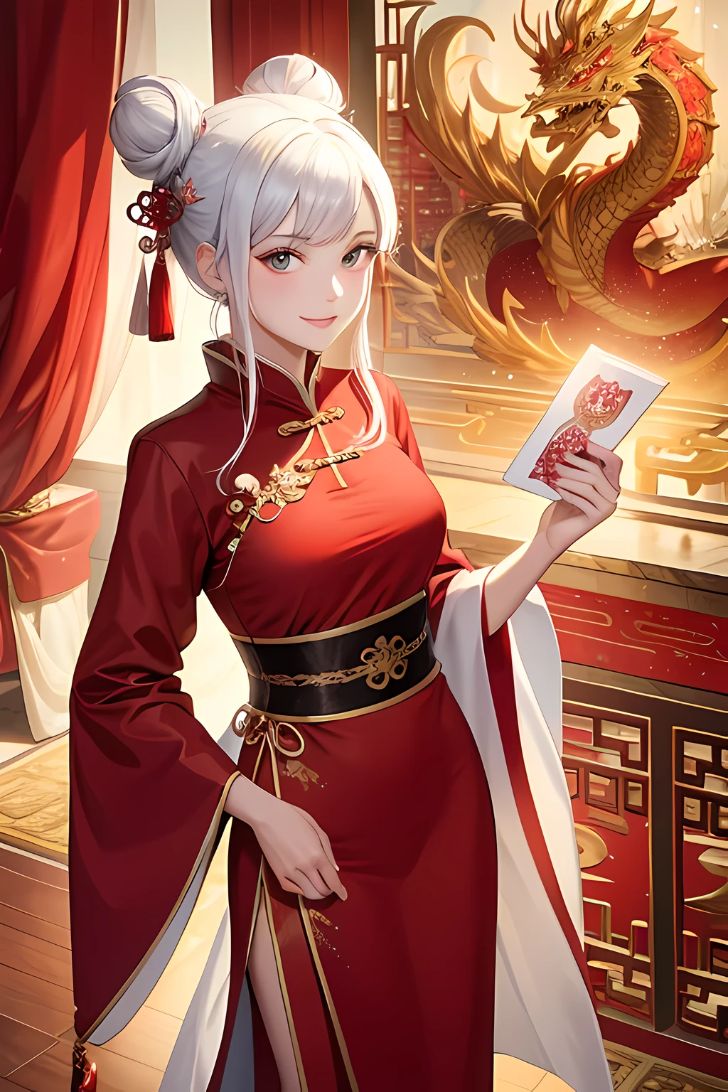 masterpiece, best quality,girl, She is holding a red envelope in her hand, festive, wearing gorgeous clothes, White hair,girl身后有一条金色的中国龙, full length shot(FLS), Chinese style, beautiful lights, First-person perspective,bun, for the audience, Smile,small breasts