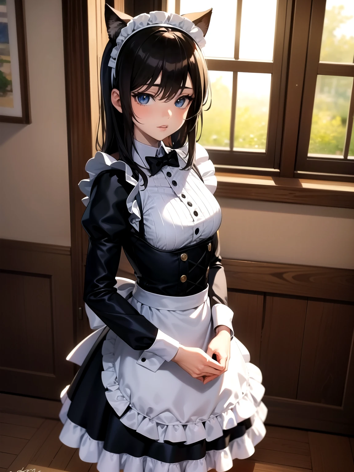 there is a woman in a maid outfit posing for a picture, anime girl in a maid costume, cosplay of a catboy! maid! dress, maid outfit, anime cat girl in a maid costume, gorgeous maid, anime girl cosplay, maid dress, wearing maid uniform, , anime girl wearing a black dress, anime maid nazi ss military, hyperrealistic
