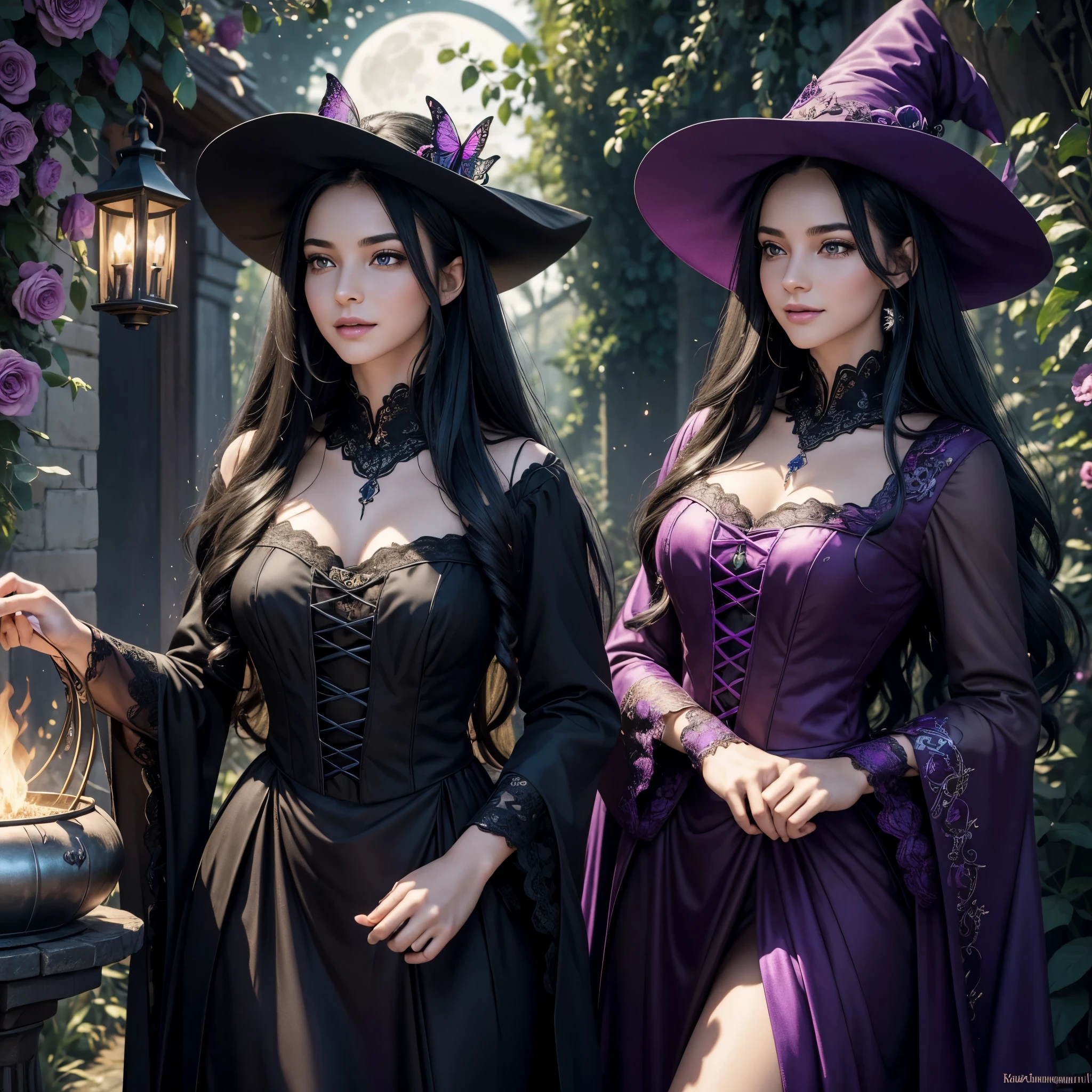 (best quality,4k,8k,highres,masterpiece:1.2),ultra-detailed,(realistic,photorealistic,photo-realistic:1.37), a teenage boy joins a witch coven and he’s given the gift of femininity, he gets magically transformed into a cute teenage witch girl, she embrace her new identity has a maiden of witchcraft and eager to learn magic, sex change ritual, pink eyes, long black hair, is happy, witches are helping dressing up the new girl, she’s happily getting dressed in a stunning black victorian dress, gorgeous dress design,flowing gown,elaborate lace details,rich textures,contrast stitching,delicate ribbon bows,floral accents,full skirt,high neckline,long sleeves,fitted waistline,flared cuffs,lace-up back,luxurious fabrics,flawless silhouette,high heels,pointy hat, magical transformation, detailed facial features, glowing and vibrant pink eyes, flowing and glossy long black hair, happy and excited expression, joyful and radiant vibe, surrounded by a mystical aura, spell books and potions in the background, inside an abandoned castle, moonlit night with a full moon shining above, soft and ethereal lighting, a group of friendly witches welcoming the new girl into the coven, joyful celebration, witches assisting in dressing up the new girl,promptly helps the new girl getting dressed in a stunning black Victorian dress, feminine and elegant movements, a cauldron overflowing with sparkles and magical essence, black and purple hues dominating the color palette, whimsical and enchanting atmosphere, breathtaking and bewitching nature, a sense of empowerment and self-discovery.