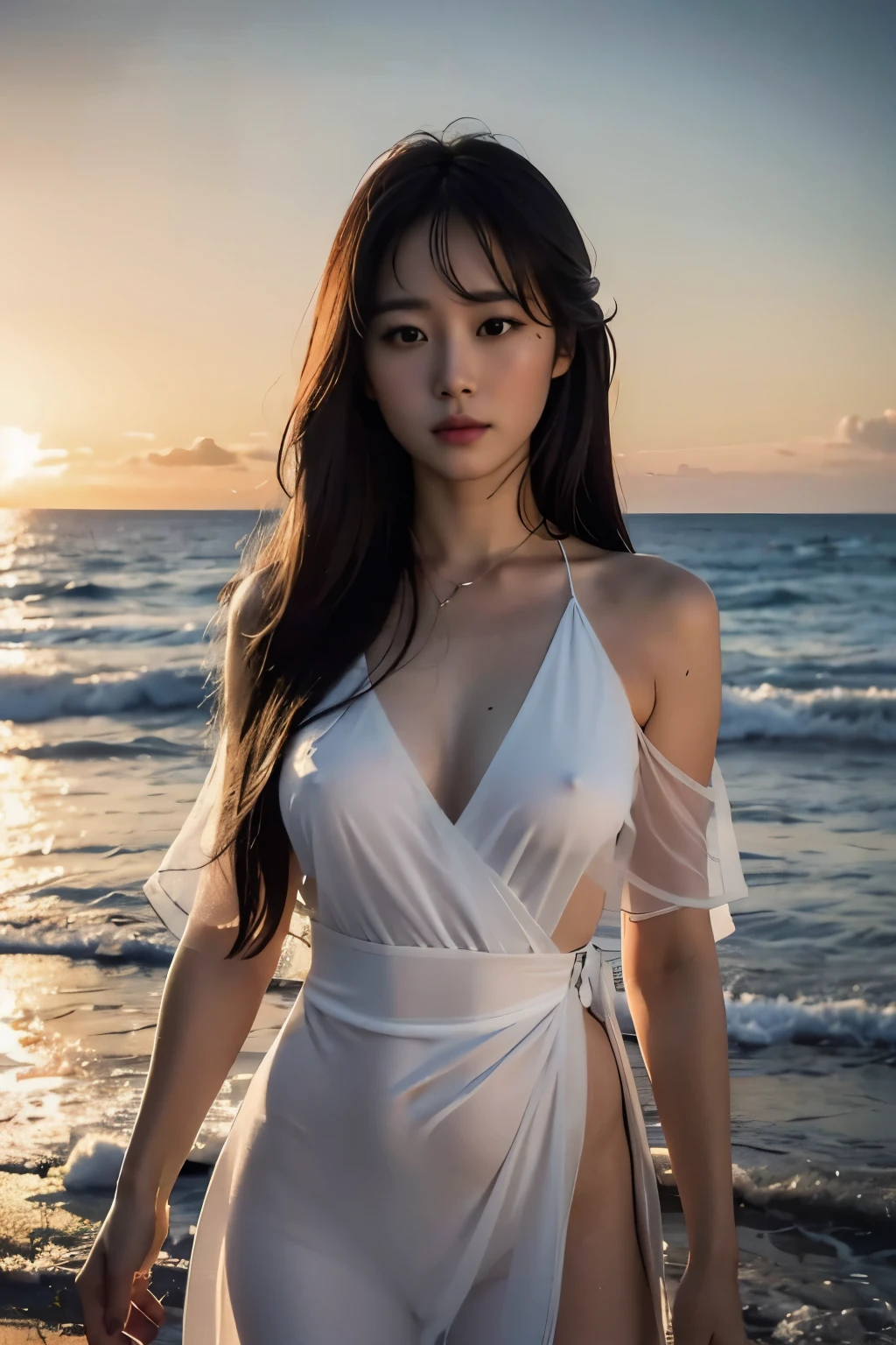 (Kwon Yuri), high quality, 8K Ultra HD, A beautiful double exposure that combines an goddess silhouette with sunset coast, sunset coast should serve as the underlying backdrop, with its details incorporated into the goddess , crisp lines, The background is monochrome, sharp focus, double exposure, by yukisakura, awesome full color,