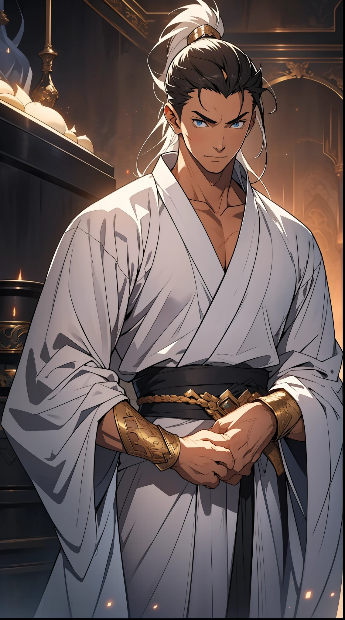 Two dimensions，anime style，one person（male warrior），proportions are correct，facial details，swordsman，high ponytail hairstyle，neck detail，Have an Adam&#39;s apple，White robe，joke，white robe，clothing details，transfer，long sleeves，Game quality，fencing，Ray tracing，Ray tracing，Detailed glow，CG rendering，hair details，long white hair，blue eyes，Handsome，Handsome，（Youthful feeling），Clothing is complicated，Perfect composition，refine，high quality，higher details，many details，Complex background，a sense of atmosphere，
