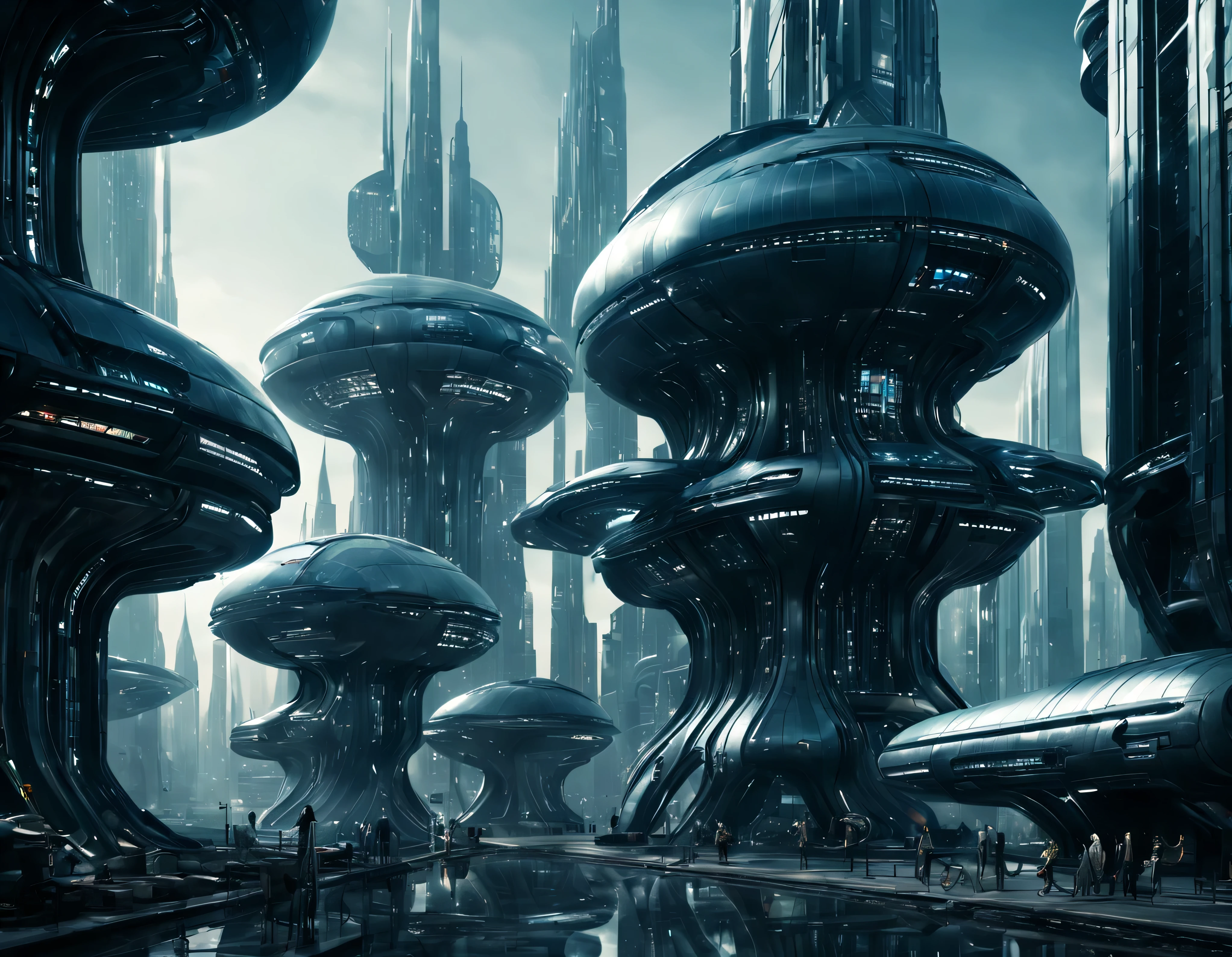 street of an extraterrestrial alien city with futuristic and technological architecture in its metal and glass buildings, some aliens walking around, ventanas iluminadas, all full of imagination, science fiction and (intrincados detalles de la maquina).imagen fotorrealista, Maximum sharpness, calidad 8k.(obra maestra de calidad superior). 3D.