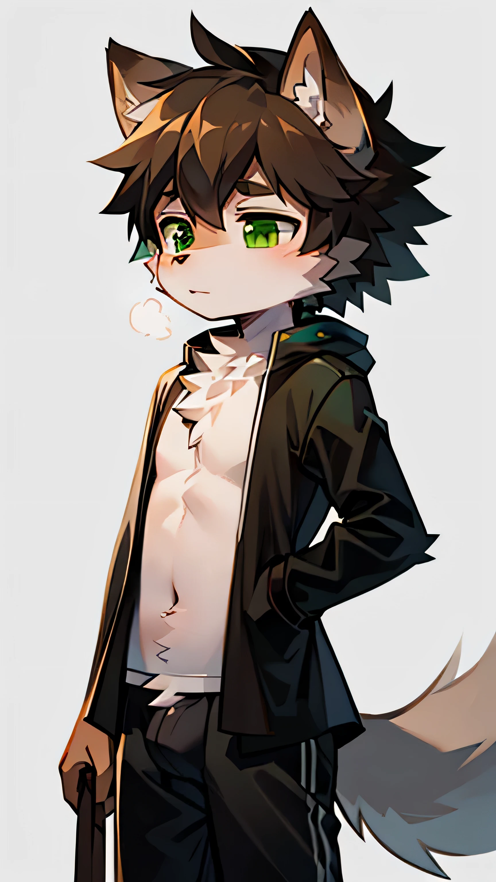 brown tail,minimalist wind,Shota,gray fur,wolf ears,wolf tail,green eyes