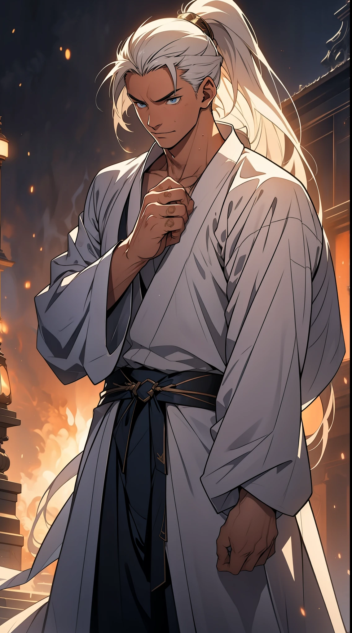 Two dimensions，anime style，one person（male warrior），proportions are correct，facial details，swordsman，high ponytail hairstyle，neck detail，Have an Adam&#39;s apple，White robe，joke，white robe，clothing details，transfer，long sleeves，Game quality，fencing，Ray tracing，Ray tracing，Detailed glow，CG rendering，hair details，long white hair，blue eyes，Handsome，Handsome，（Youthful feeling），Clothing is complicated，Perfect composition，refine，high quality，higher details，many details，Complex background，a sense of atmosphere，