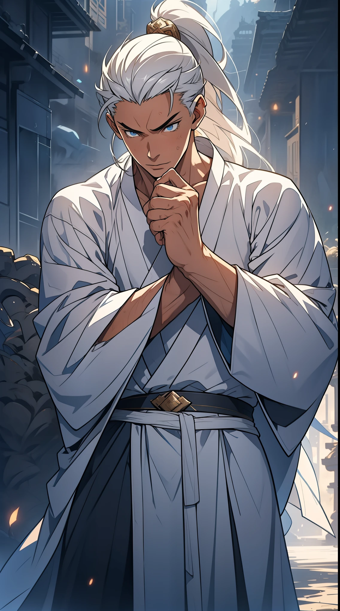 Two dimensions，anime style，one person（male warrior），proportions are correct，facial details，swordsman，high ponytail hairstyle，neck detail，Have an Adam&#39;s apple，White robe，joke，white robe，clothing details，transfer，long sleeves，Game quality，fencing，Ray tracing，Ray tracing，Detailed glow，CG rendering，hair details，long white hair，blue eyes，Handsome，Handsome，（Youthful feeling），Clothing is complicated，Perfect composition，refine，high quality，higher details，many details，Complex background，a sense of atmosphere，