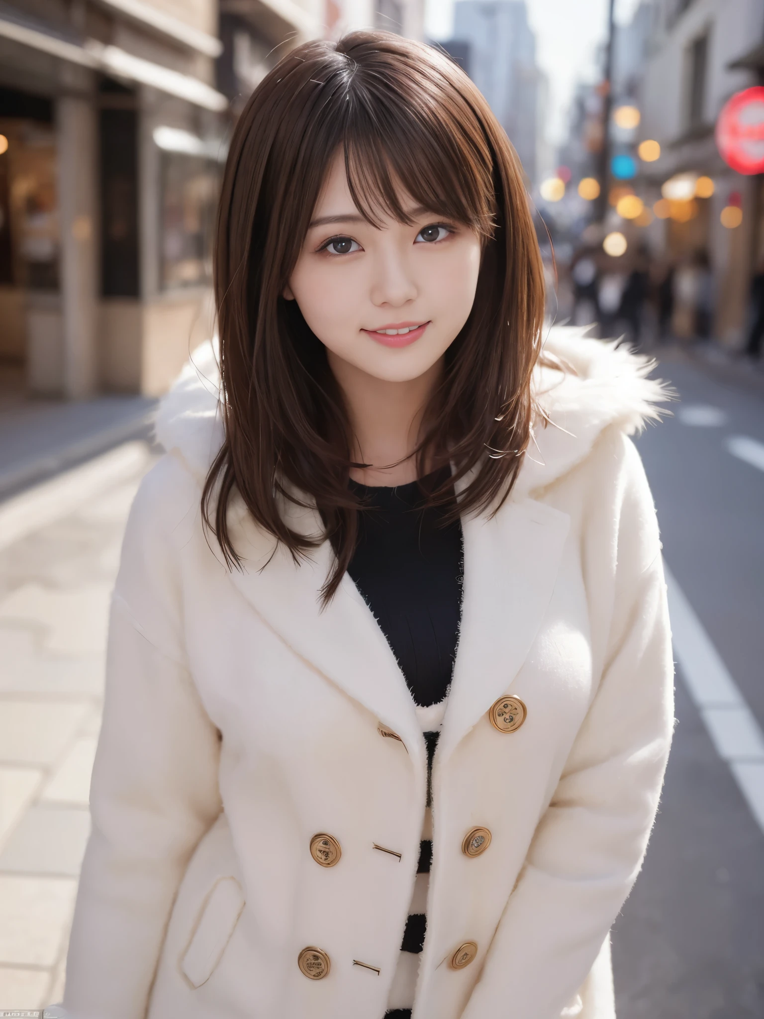 table top, highest quality, figure, super detailed, finely, High resolution, 8k wallpaper, 完璧なダイナミックな構figure, beautiful and fine eyes, woman's fashion fluffy winter clothes,medium hair,big breasts natural color lip, bold sexy pose,smile,Harajuku、25 year old girl、cute、sexy shot looking at camera