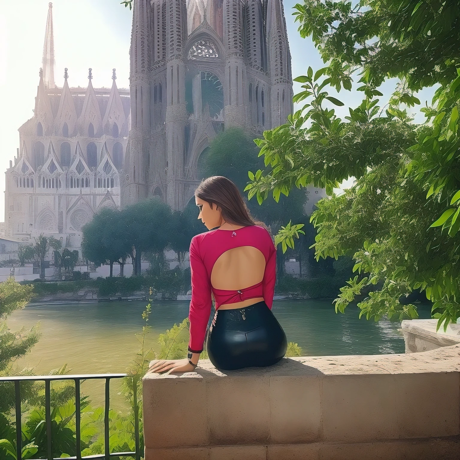 Mujer arafed sentada en una pared mirando un cuerpo de agua., Behind it a Gothic cathedral, Old cathedral behind it, en Barcelona, catedral al fondo, view from behind, inspirado por Lucia Peka, con un castillo al fondo, from behind, foto from behind, Temples Behind It, ruinas al fondo