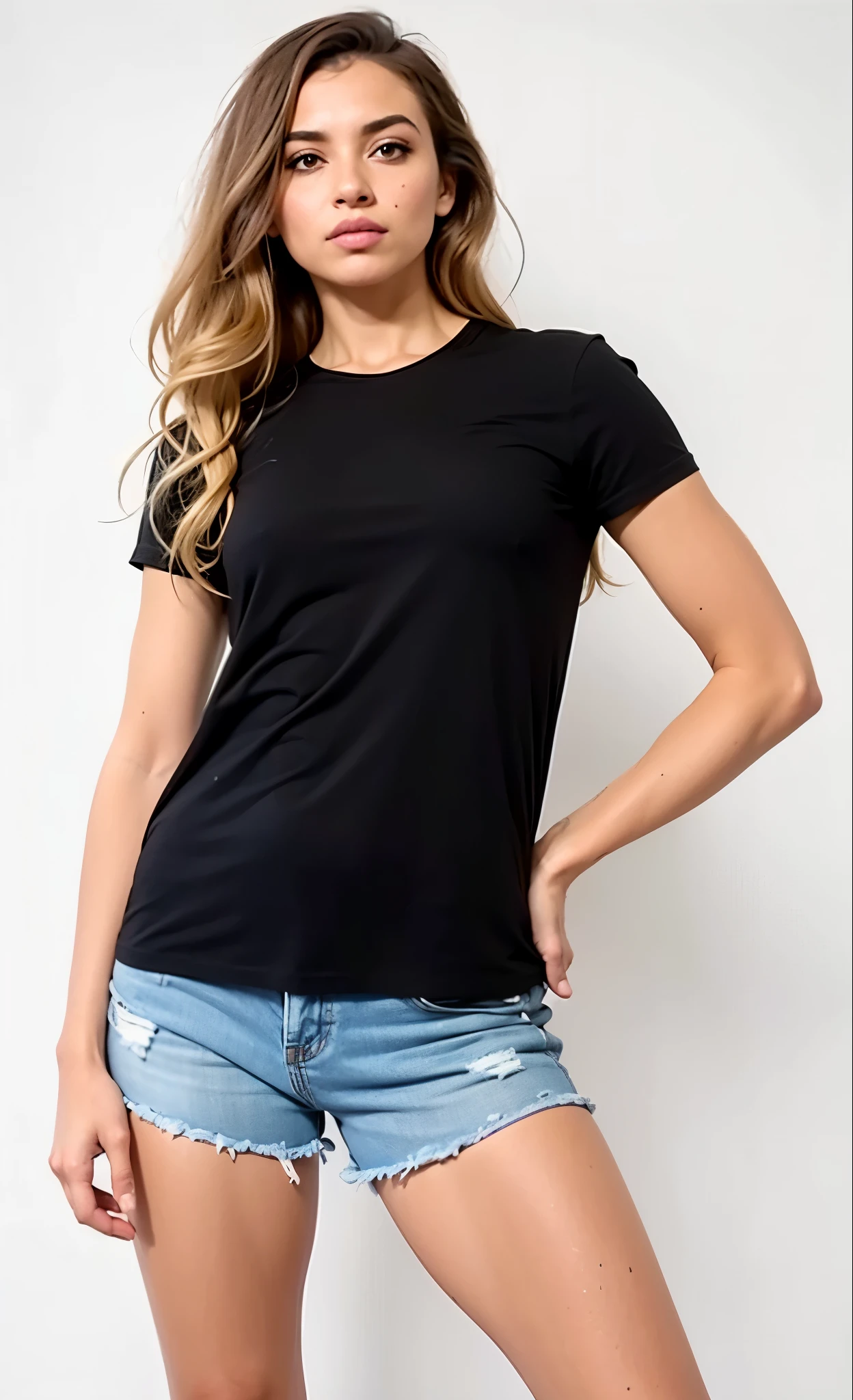 a woman in a Camisa preta and denim shorts posing for a picture, wearing a camiseta preta, camiseta preta, vestindo uma camiseta preta, vestindo camiseta preta, camiseta preta, camiseta preta, top preto, wearing a Camisa preta, Camisa preta, he is wearing a camiseta preta, roupas pretas casuais, vestindo uma camiseta