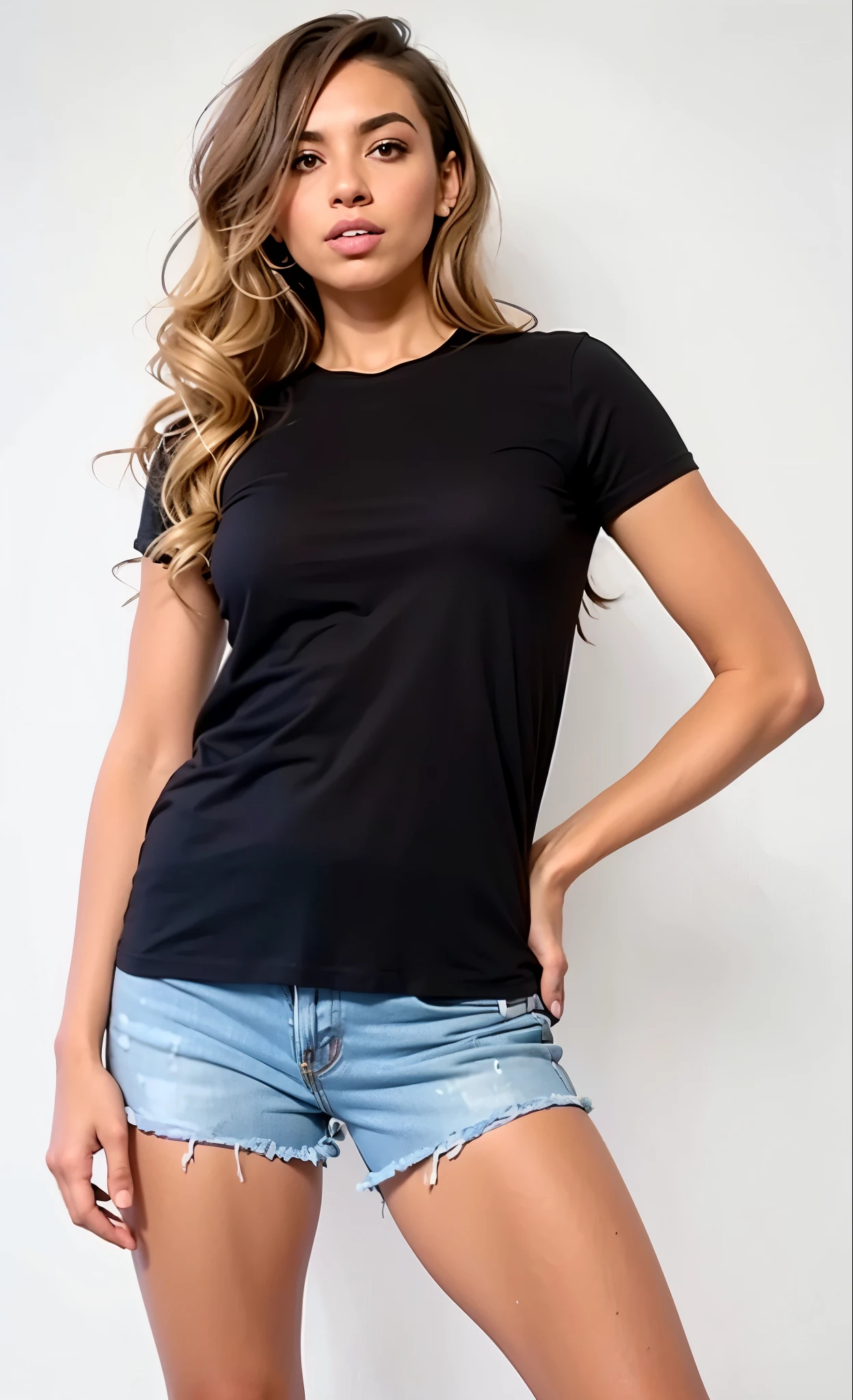 a woman in a Camisa preta and denim shorts posing for a picture, wearing a camiseta preta, camiseta preta, vestindo uma camiseta preta, vestindo camiseta preta, camiseta preta, camiseta preta, top preto, wearing a Camisa preta, Camisa preta, he is wearing a camiseta preta, roupas pretas casuais, vestindo uma camiseta