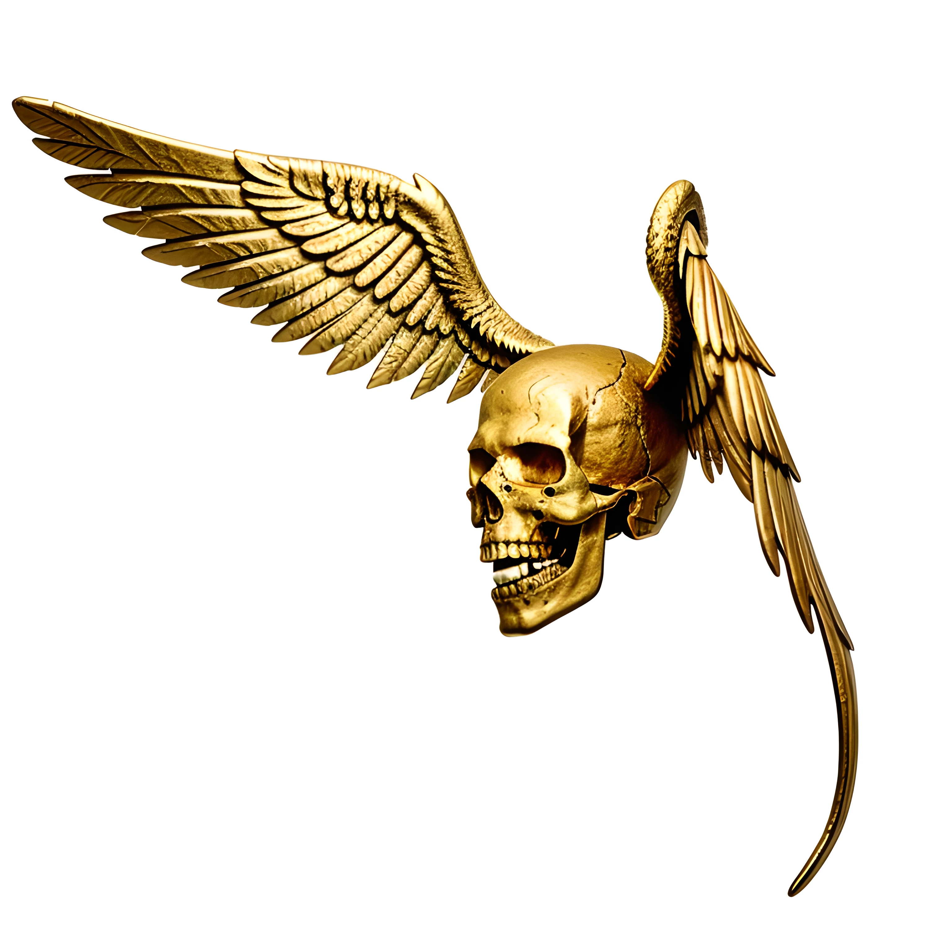left side view of a golden metal skull jaw open with wings white background