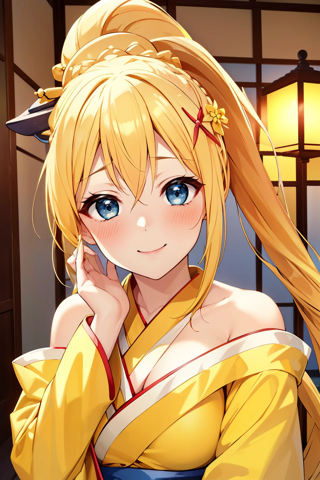 highest quality, High resolution, alone, 1 girl, long hair, blonde hair, x hair ornaments, blue eyes, ponytail, hair ornaments, Braid, \(KonoSuba\), big breasts, very close face, smile, blush, (yellow courtesan costume:1.3), 花のhair ornaments, hairpin, off shoulder