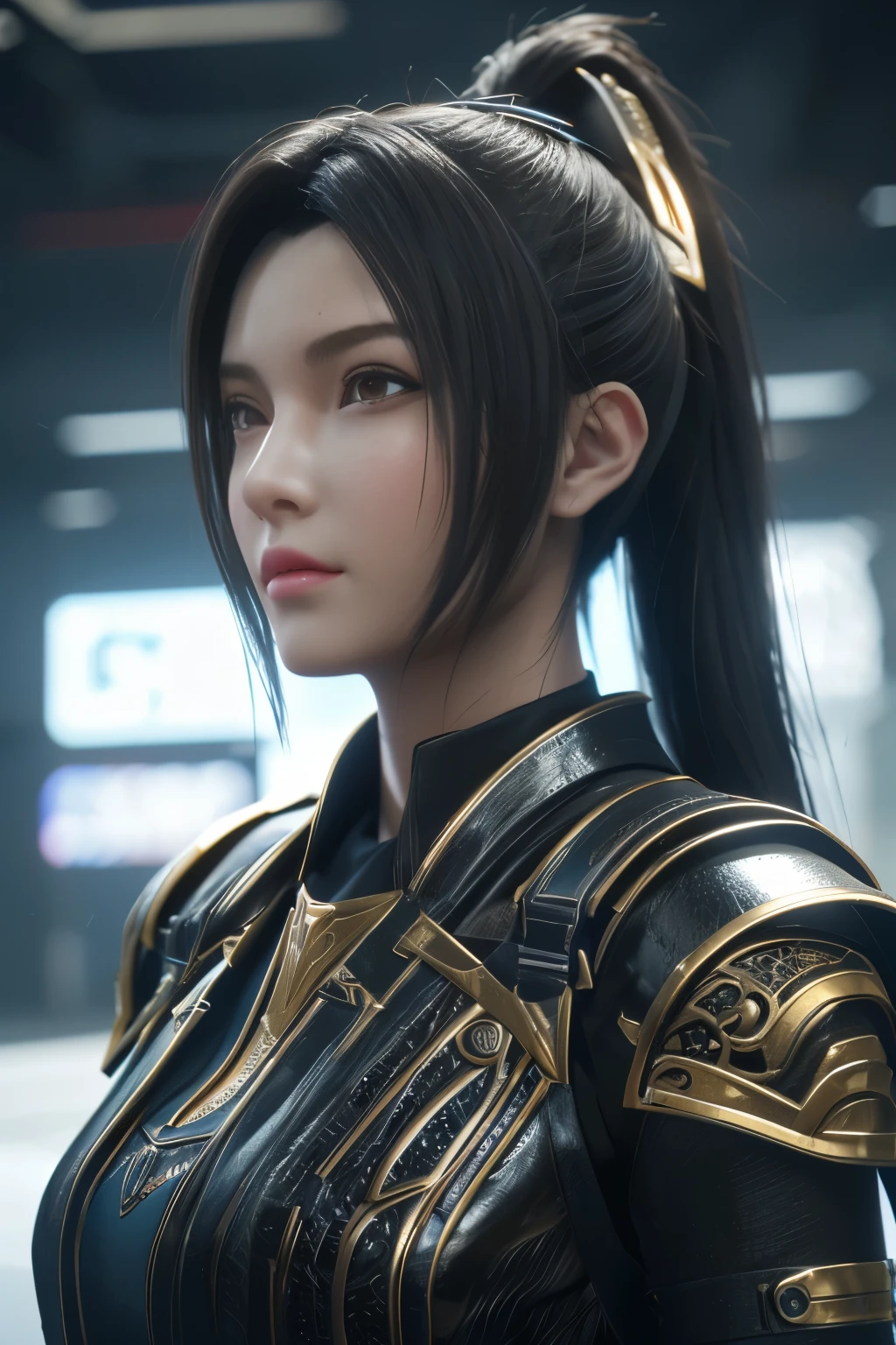 Game art，The best picture quality，Highest resolution，8K，(A bust photograph)，(Portrait)，(Head close-up)，(Rule of thirds)，Unreal Engine 5 rendering works， (The Girl of the Future)，(Female Warrior)， 22岁少女，(Female hackers)，(White，Ancient Oriental hairstyle)，((The pupils of the red eyes:1.3))，(A beautiful eye full of detail)，(Big breasts)，(Eye shadow)，优雅迷人，冷漠，((Anger))，(Cyberpunk jacket full of futuristic look，Joint Armor，There are exquisite Chinese patterns on the clothes，A flash of jewellery)，赛博朋克人物，未来风格， 拍照姿势，城市背景，Movie lights，Ray tracing，Game CG，((3D Unreal Engine))，oc渲染反射纹