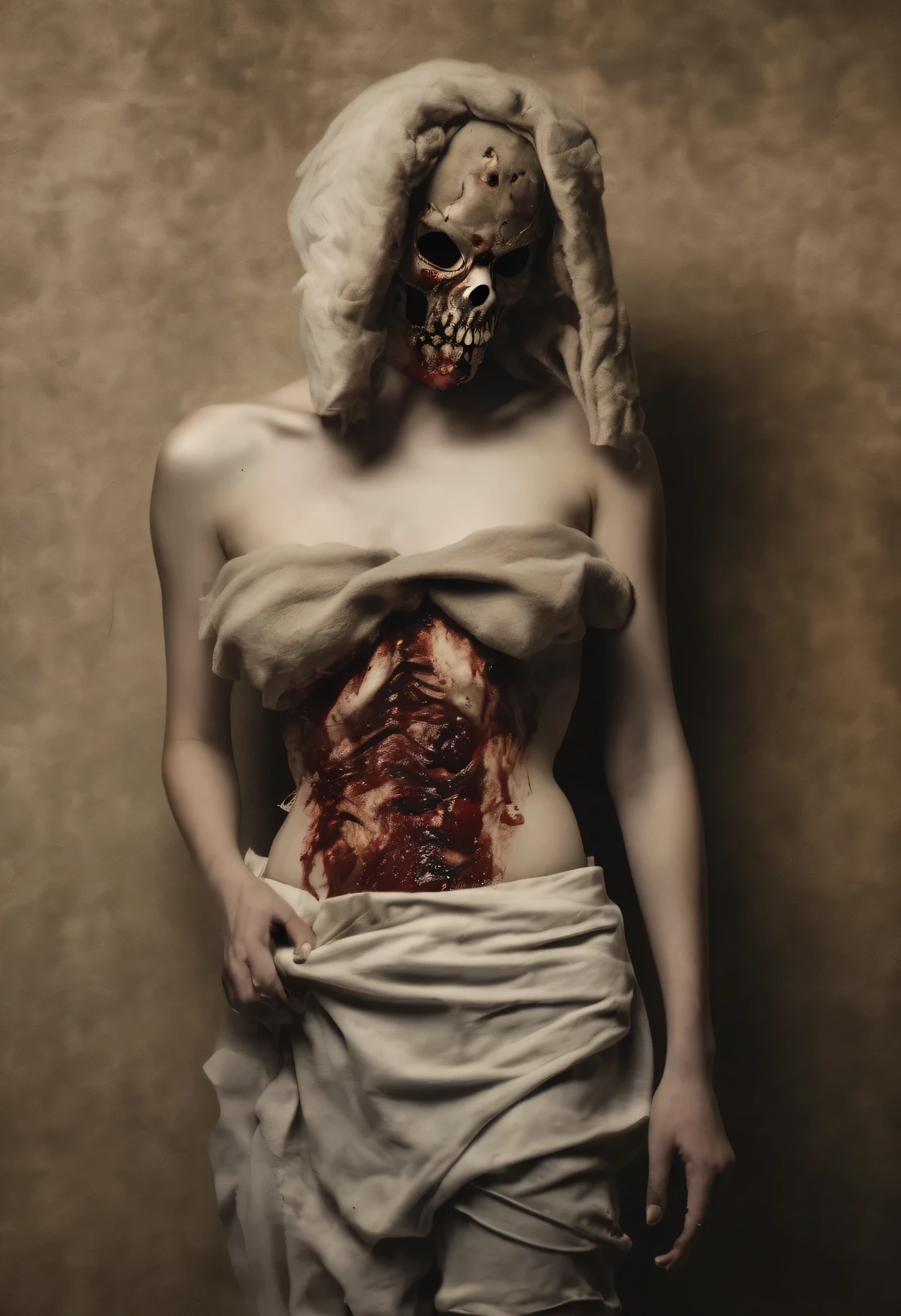 "(Best lighting, high contrast, dark, dramatic), (Blonde topless girl wearing a skimask made from a combination of dirty used clothes over a black sheep with a scary and dramatic facial expression, Exposed rib cage, fetus, autopsy, human bones, blood on the wall). Light Caravaggio "