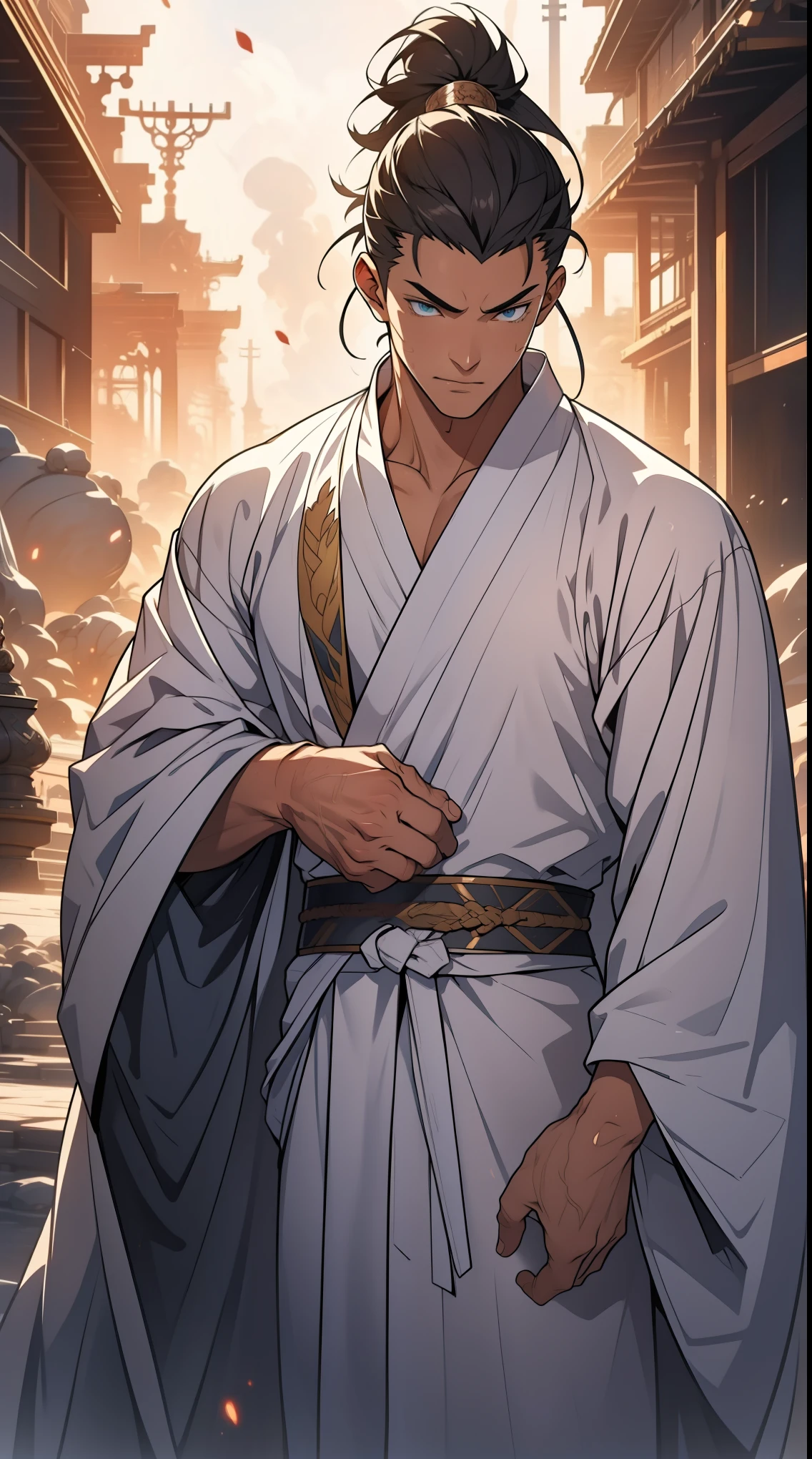 Two dimensions,anime style,one person(male warrior),proportions are correct,facial details,swordsman,high ponytail hairstyle,neck detail,Have an Adam's apple,White robe,joke,white robe,clothing details,transfer,long sleeves,Game quality,fencing,Ray tracing,Ray tracing,Detailed glow,CG rendering,hair details,long white hair,blue eyes,Handsome,Handsome,(Youthful feeling),Clothing is complicated,Perfect composition,refine,high quality,higher details,many details,Complex background,a sense of atmosphere,