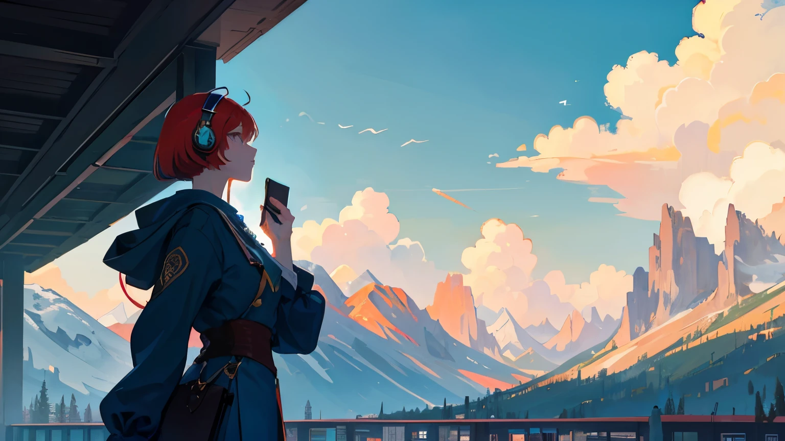 a shadow stretching into the distance　In the distance of beautiful rocky mountains and blue sky, a woman with red hair and a bob cut in modern clothing is wearing headphones and looking up at the sky.、The atmosphere of Alphonse Mucha, where the scenery is the main focus