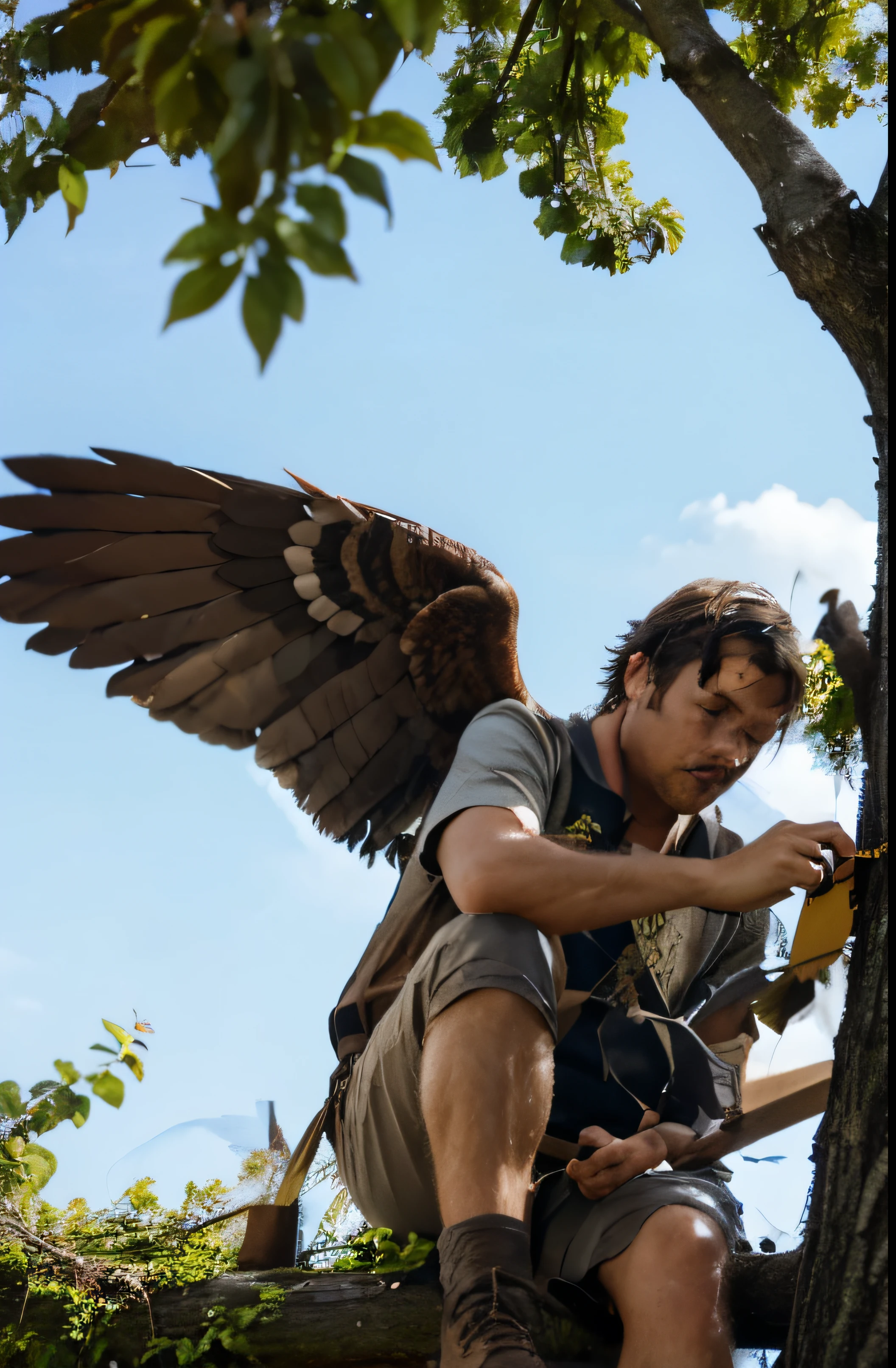 ordinary man sitting in the tree, making wings for flight, he is using tools and materials like, wood, glue, and feathers. He is working diligently, he is frustrated, and annoyed.