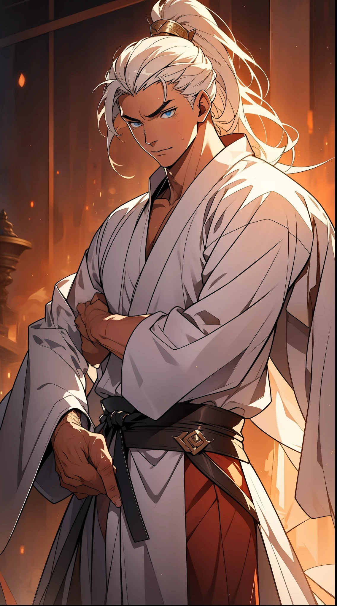Two dimensions,anime style,one person(male warrior),proportions are correct,facial details,swordsman,high ponytail hairstyle,neck detail,Have an Adam's apple,White robe,joke,white robe,clothing details,transfer,long sleeves,Game quality,fencing,Ray tracing,Ray tracing,Detailed glow,CG rendering,hair details,long white hair,blue eyes,Handsome,Handsome,(Youthful feeling),Clothing is complicated,Perfect composition,refine,high quality,higher details,many details,Complex background,a sense of atmosphere,