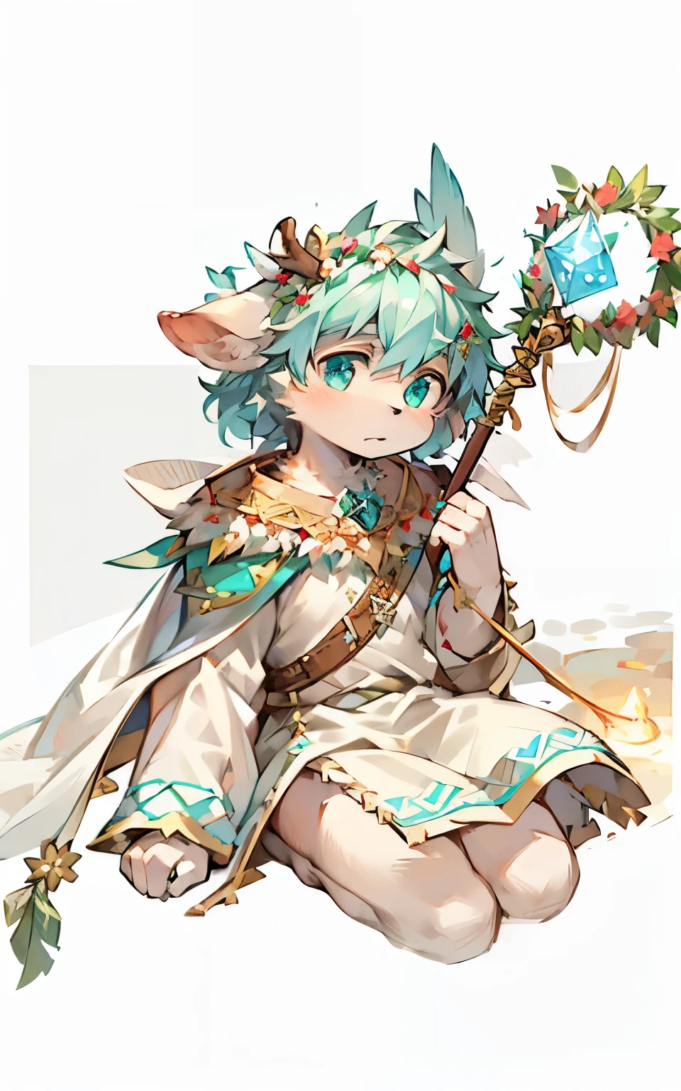 masterpiece, high quality portraits, 3D realistic CG, 16k, dramatic lighting, intricate details, dough, human nature, hairy,Staff,Dark magic,hairy的狗,dog male,half cyan eyes,全身hairy的,Feather cape,wreath,deer bone ornaments,confused look,super cute face,Use grass magic,semi-lit environment,artwork,delicate eyes,Detailed face,beautiful eyes,masterpiece,high quality,fur,bandage,only boy, site