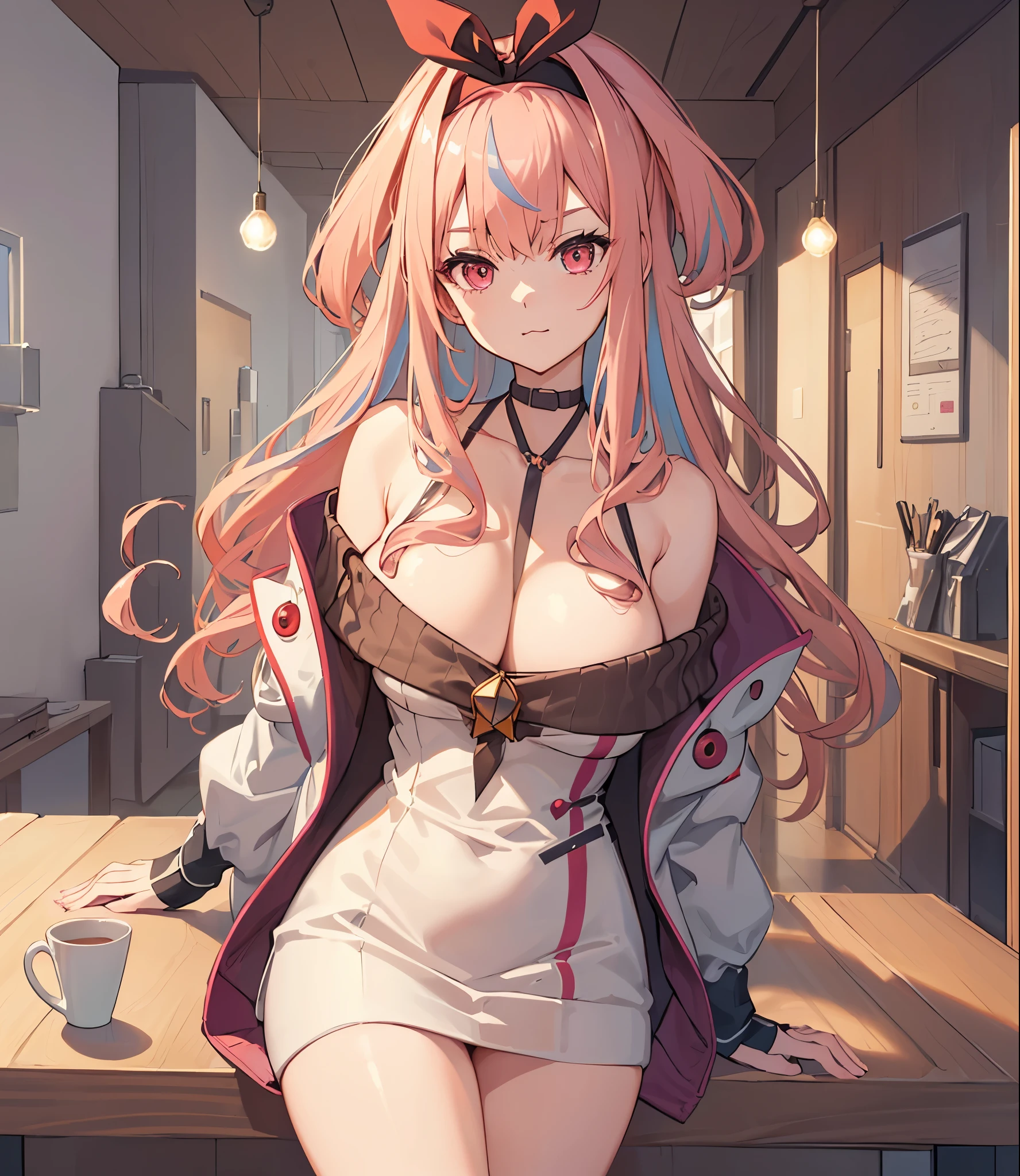 (extremely detailed CG unity 8k wallpaper), (((masterpiece))), (((best quality))), ((ultra-detailed)), (((illustration))), (best shadow), ((an extremely delicate and beautiful)), (detailed light), (well designed face), amazing face, (super detailed), cinematic shot, beautiful detailed eyes, detailed background, 1girl, solo, ((pink hair)), ((multicolored hair)), ((red eyes)), ((wavy hair)), (black headband), ((halterneck)), huge breasts, firts rate breasts, first rate female bodies, (sleveless sweater), ((open chest sweater)), white jacket, open jacket, inside a cafe, interior design, bewitching thighs, ((:3 mouth)), :3,
