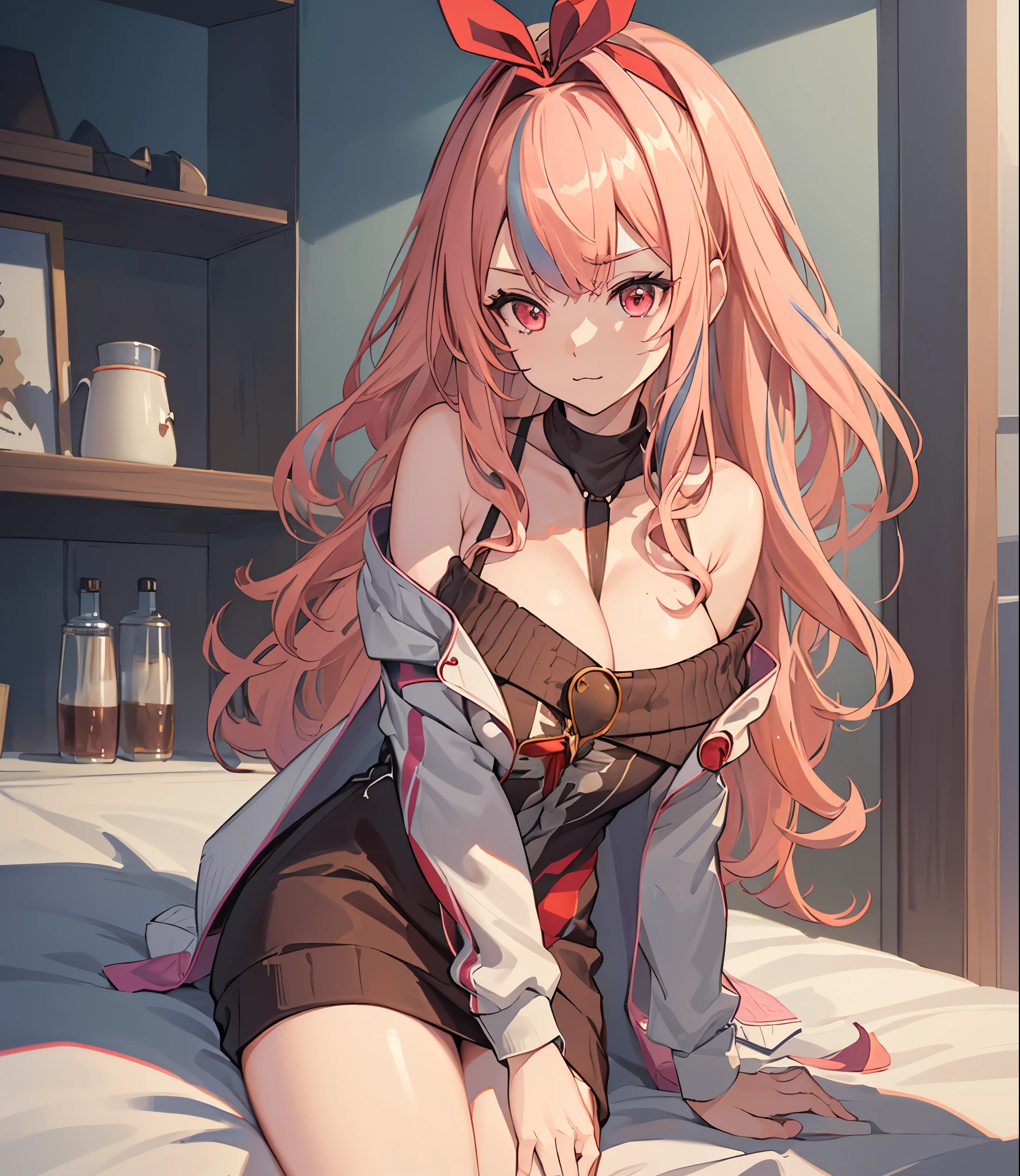 (extremely detailed CG unity 8k wallpaper), (((masterpiece))), (((best quality))), ((ultra-detailed)), (((illustration))), (best shadow), ((an extremely delicate and beautiful)), (detailed light), (well designed face), amazing face, (super detailed), cinematic shot, beautiful detailed eyes, detailed background, 1girl, solo, ((pink hair)), ((multicolored hair)), ((red eyes)), ((wavy hair)), (black headband), ((halterneck)), huge breasts, firts rate breasts, first rate female bodies, (sleveless sweater), ((open chest sweater)), white jacket, open jacket, inside a cafe, interior design, bewitching thighs, ((:3 mouth)), :3,