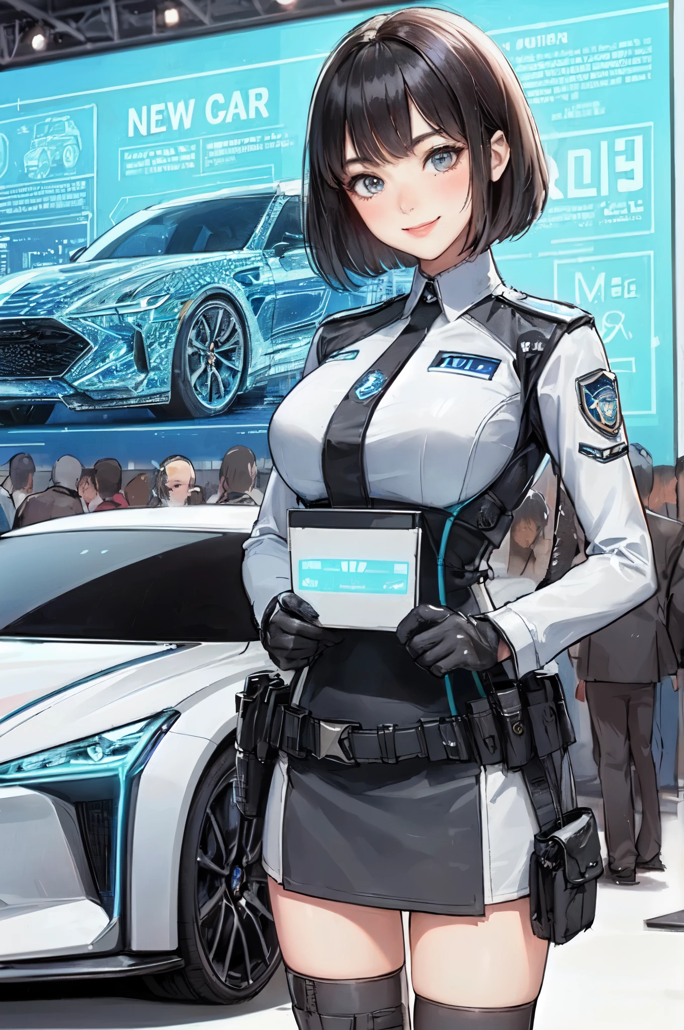 1lady solo standing, event staff, (costume inspired by American police) (futuristic costume), mature female, /(black hair/) bangs, blush kind smile, (masterpiece best quality:1.2) delicate illustration ultra-detailed, large breasts BREAK (standing next to the latest model car), (holding panel with the car name) BREAK (motor show indoors), audience, detailed background
