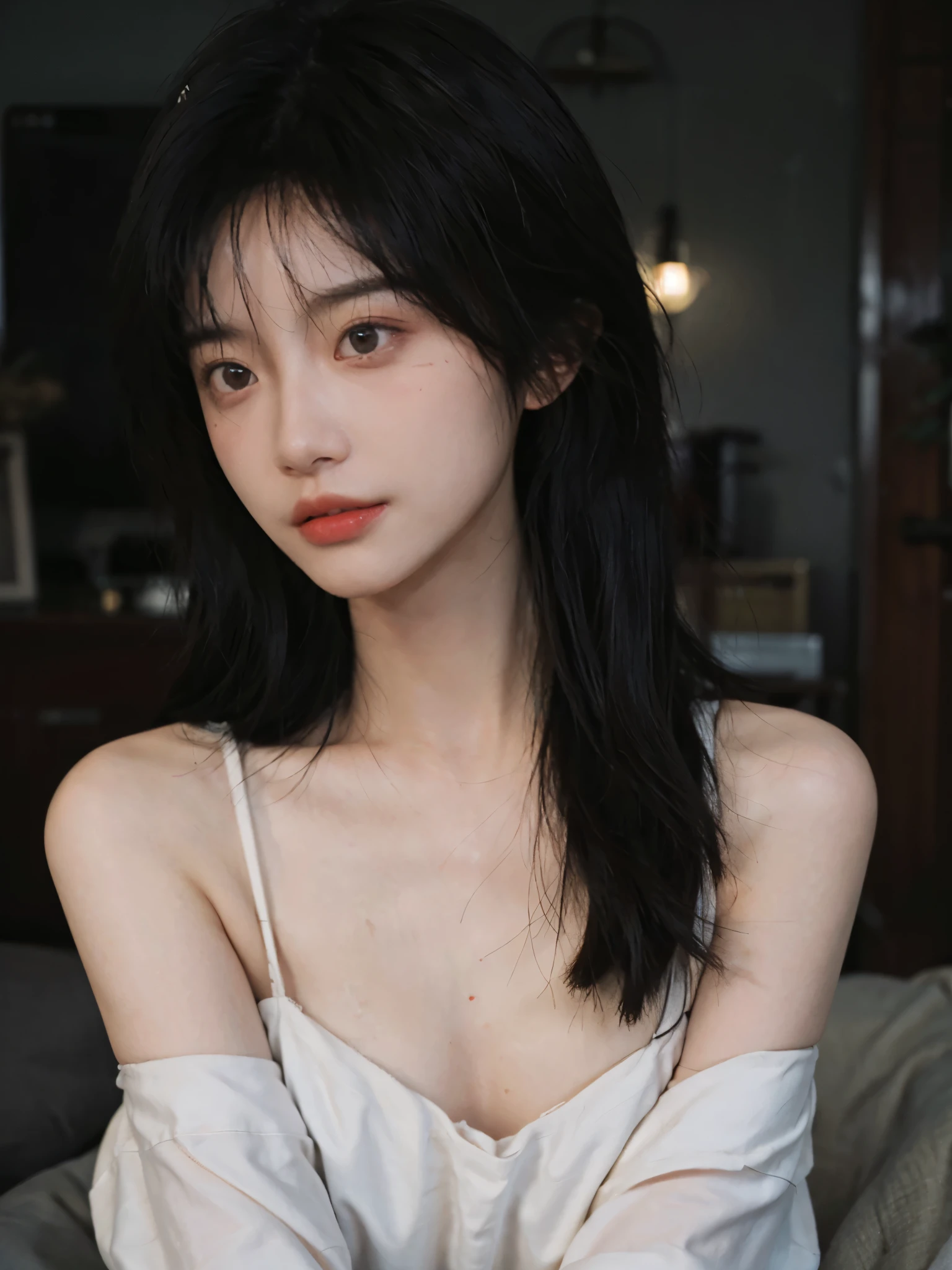 Film portrait photography, 1 girl, bare shoulders, Shoulder length wavy hair, serene, calm, (Realistic and detailed eyes, natural skin texture, Realistic facial details), Soft dramatic lighting, depth of field, Bokeh, Vibrant details, detailed meticulous, hyper-realistic, 35mm film, hazy, ,