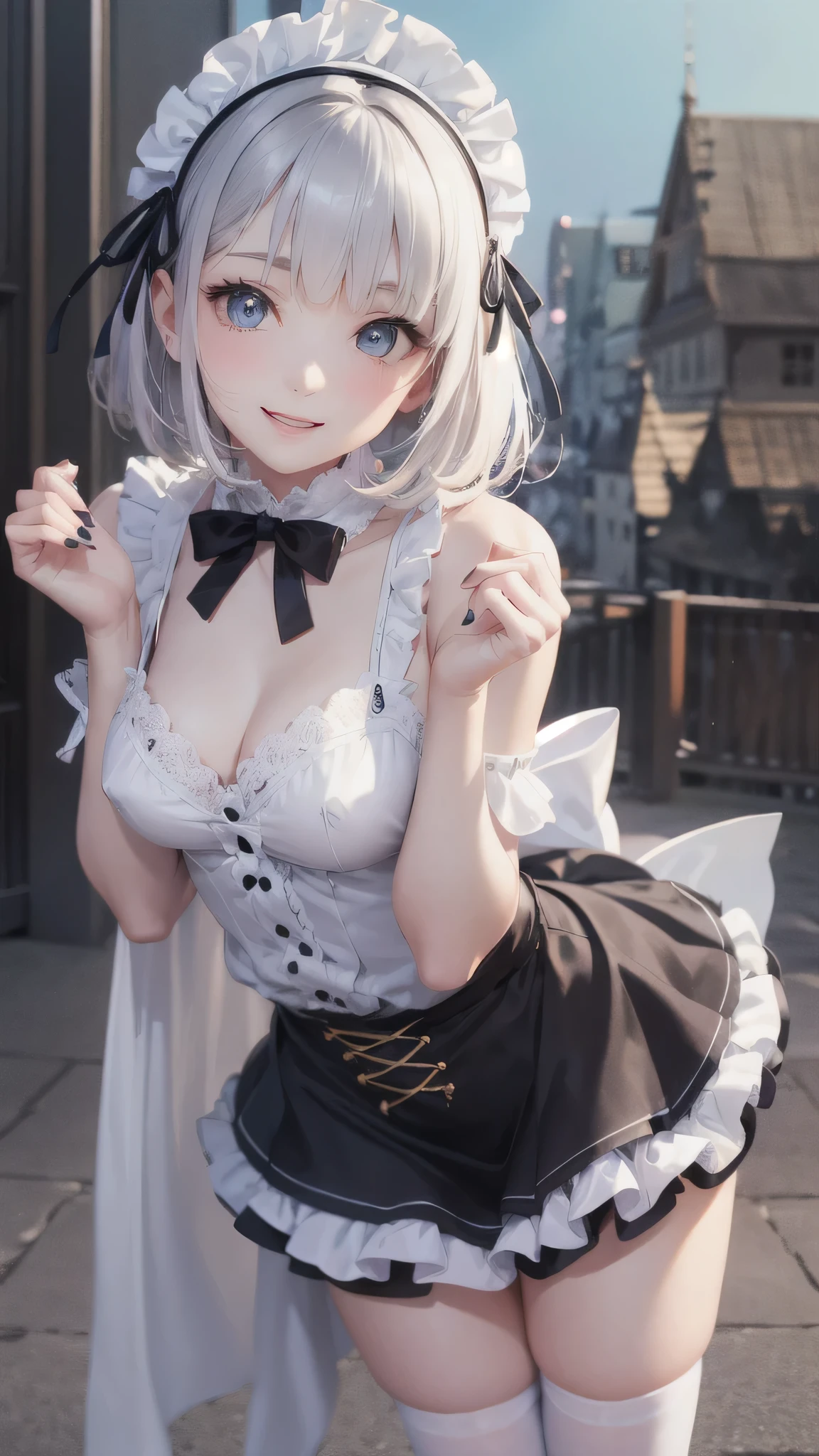 (Close-up:1.4)、(RAW shooting:1.2)、(photorealistic:1.4)、(masterpiece:1.3)、(highest quality:1.4)、solo、7 head and body、(slender and beautiful girl)、cute、(beautiful detailed eyes)、(charming big eyes)、(beautiful double eyelids)、(beautiful and detailed face)、(smile full of joy:1.3)、(Medium chest:1.2)、(cleavage)、(erect nipples:1.2)、(full body shot)、8K、(muste piece:1.2)、(pale blue hair、short bob:1.3)、(Bangs Patsun)、(headdress、white blouse、black ribbon、White Apron、ruffle skirt、puff sleeves、collar、choker、apron with fine ruffles:1.3)、White Knee High Socks、black maid costume、(Sexy model pose with chest sticking out:1.3)、cowboy shot、view audience、(small butt)、(beautiful hands)、(beautiful thighs)、cute系、(perfect anatomy:1.2)、ancient city、