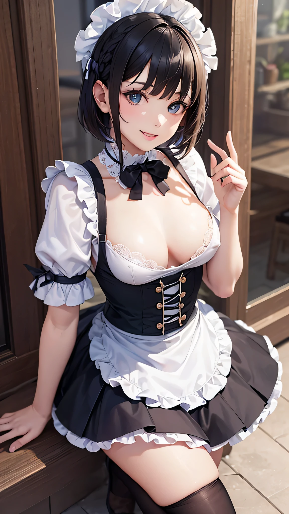 (Close-up:1.4)、(RAW shooting:1.2)、(photorealistic:1.4)、(masterpiece:1.3)、(highest quality:1.4)、solo、7 head and body、(slender and beautiful girl)、cute、(beautiful detailed eyes)、(charming big eyes)、(beautiful double eyelids)、(beautiful and detailed face)、(smile full of joy:1.3)、(Medium chest:1.2)、(cleavage)、(erect nipples:1.2)、(full body shot)、8K、(muste piece:1.2)、(pale blue hair、short bob:1.3)、(Bangs Patsun)、(headdress、white blouse、black ribbon、White Apron、ruffle skirt、puff sleeves、collar、choker、apron with fine ruffles：1.3)、White Knee High Socks、black maid costume、(Sexy model pose with chest sticking out:1.3)、cowboy shot、view audience、(small butt)、(beautiful hands)、(beautiful thighs)、cute系、(perfect anatomy:1.2)、ancient city、