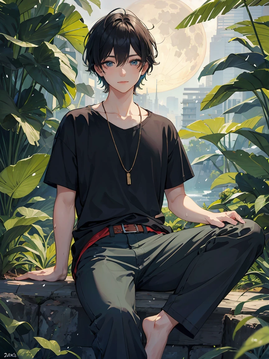 ((masterpiece,best quality)), 1 male, adult, handsome,full_moon, leaf, moon, plant, potted_plant, bamboo, 1guy, handsome man, palm_tree, butterfly, bug, water, tanabata, branch, barefoot, night, lily_pad, tanzaku, soaking_feet, vines, solo, outdoors, tree, very short black hair, wet, flower, smile, ivy, green_eyes, pants, lily_of_the_valley, sky, blue_butterfly, looking_at_viewer, palm_leaf, casual clothes, ((masterpiece,best quality)), beautiful detailed eyes, beautiful detailed face

