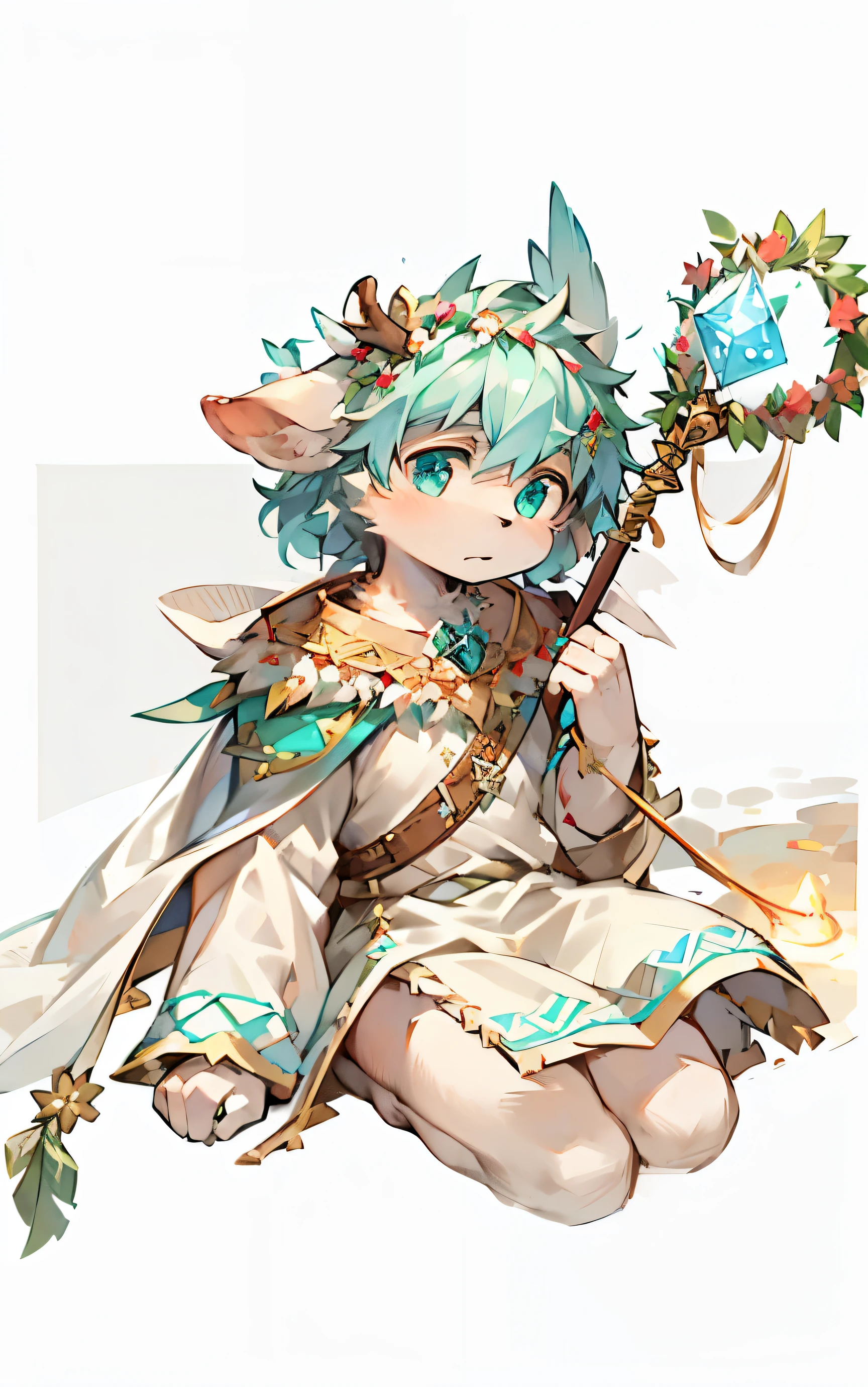 masterpiece, high quality portraits, 3D realistic CG, 16k, dramatic lighting, intricate details, dough, human nature, hairy,staff,Dark magic,hairy的狗,Dog man,half cyan eyes,全身hairy的,feathered cape,wreath,deer bone jewelry,confused expression,super cute face,Use grass magic,semi-light environment,artwork,exquisite eyes,Detailed face,beautiful eyes,masterpiece,high quality,fur,bandage,only boy, Place
