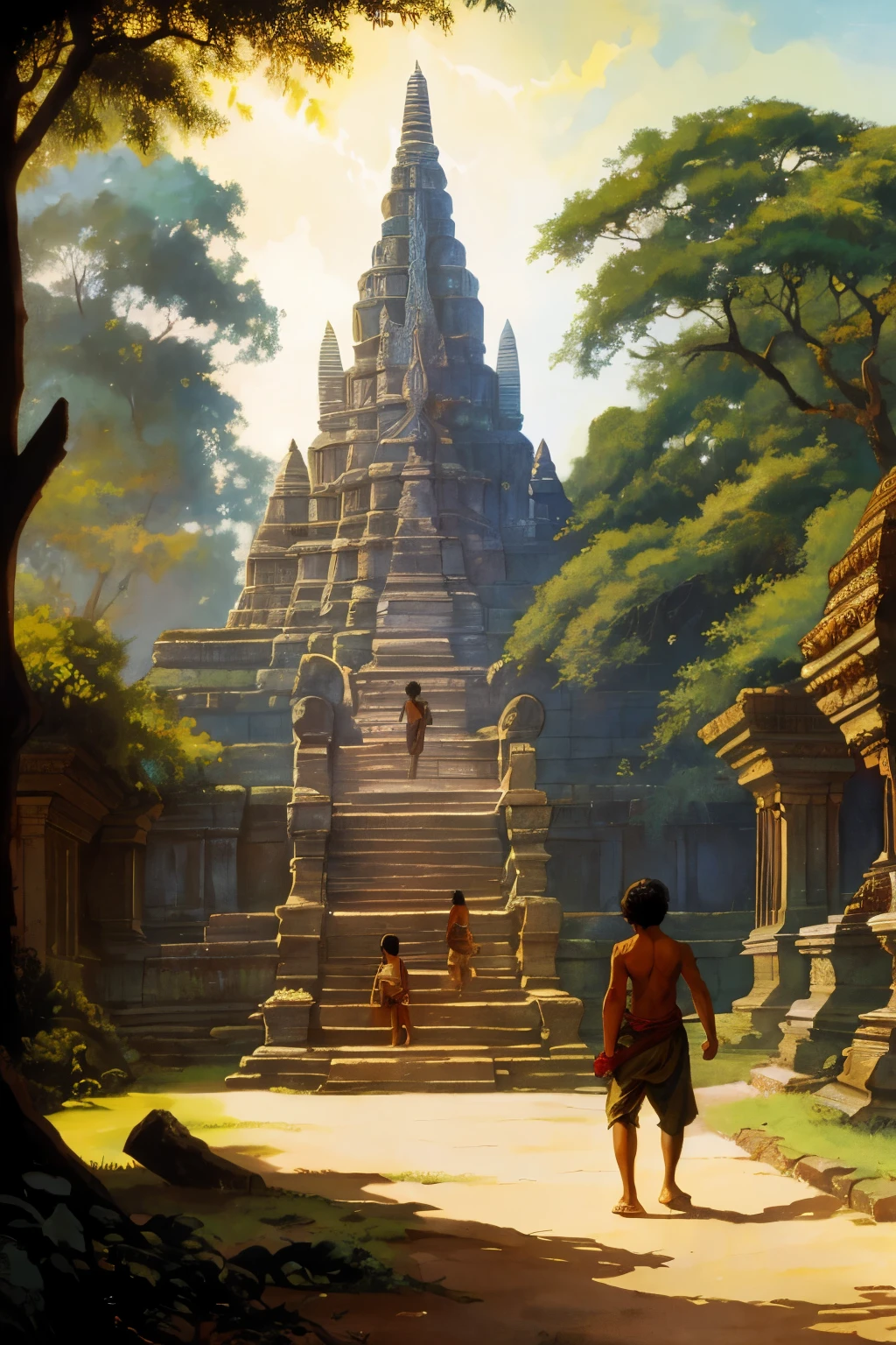 Wide view of a young Hindu man, reminiscent of Mowgli, strolling through an ancient jungle adorned with the remnants of Khmer temples that exude an aura of mystique and history. Amongst the lush foliage, statues of divine deities like Shiva and Ganesh stand tall, emanating a cinematic glow that adds a touch of realism to the scene. Inspired by the renowned artist Frank Frazetta, the illustration captures the essence of his signature style, blending fantasy and reality seamlessly.